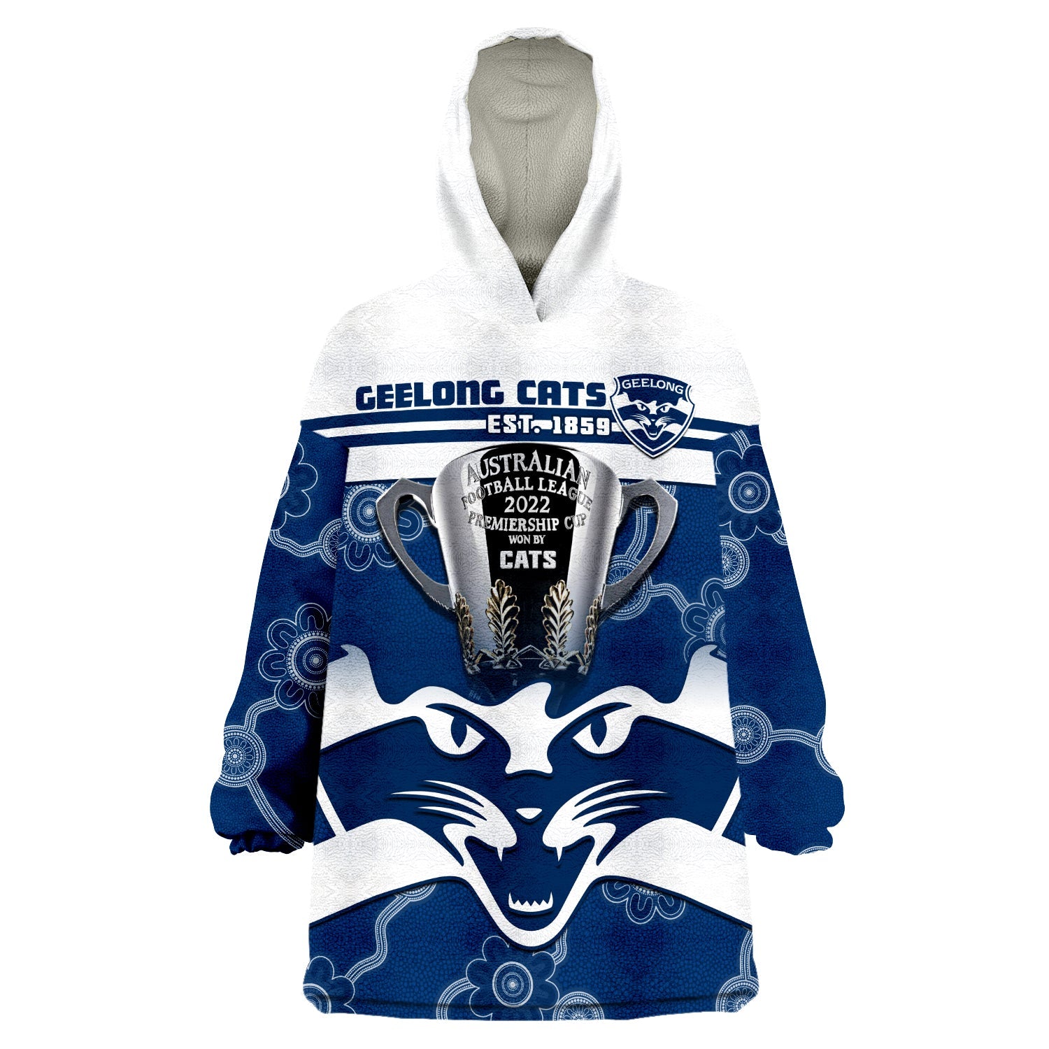 (Custom Personalised) Cats Football Wearable Blanket Hoodie Geelong Premiers 2022 Aboriginal - Vibe Hoodie Shop