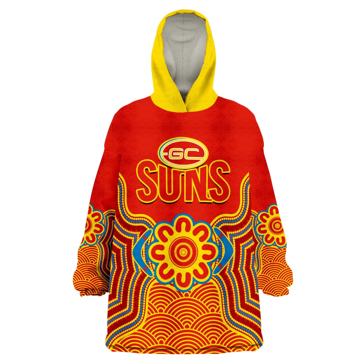 Gold Coast Football Wearable Blanket Hoodie Suns Indigenous Pattern - Vibe Hoodie Shop