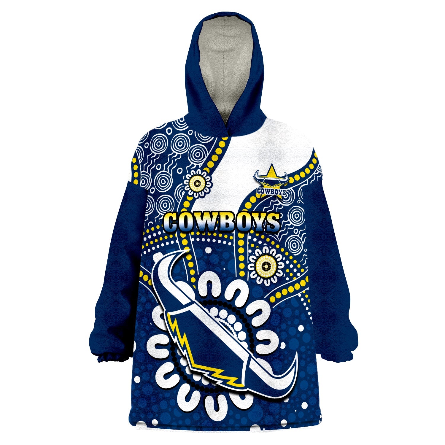 (Custom Text And Number) Cowboys Rugby Wearable Blanket Hoodie Indigenous Art - Vibe Hoodie Shop