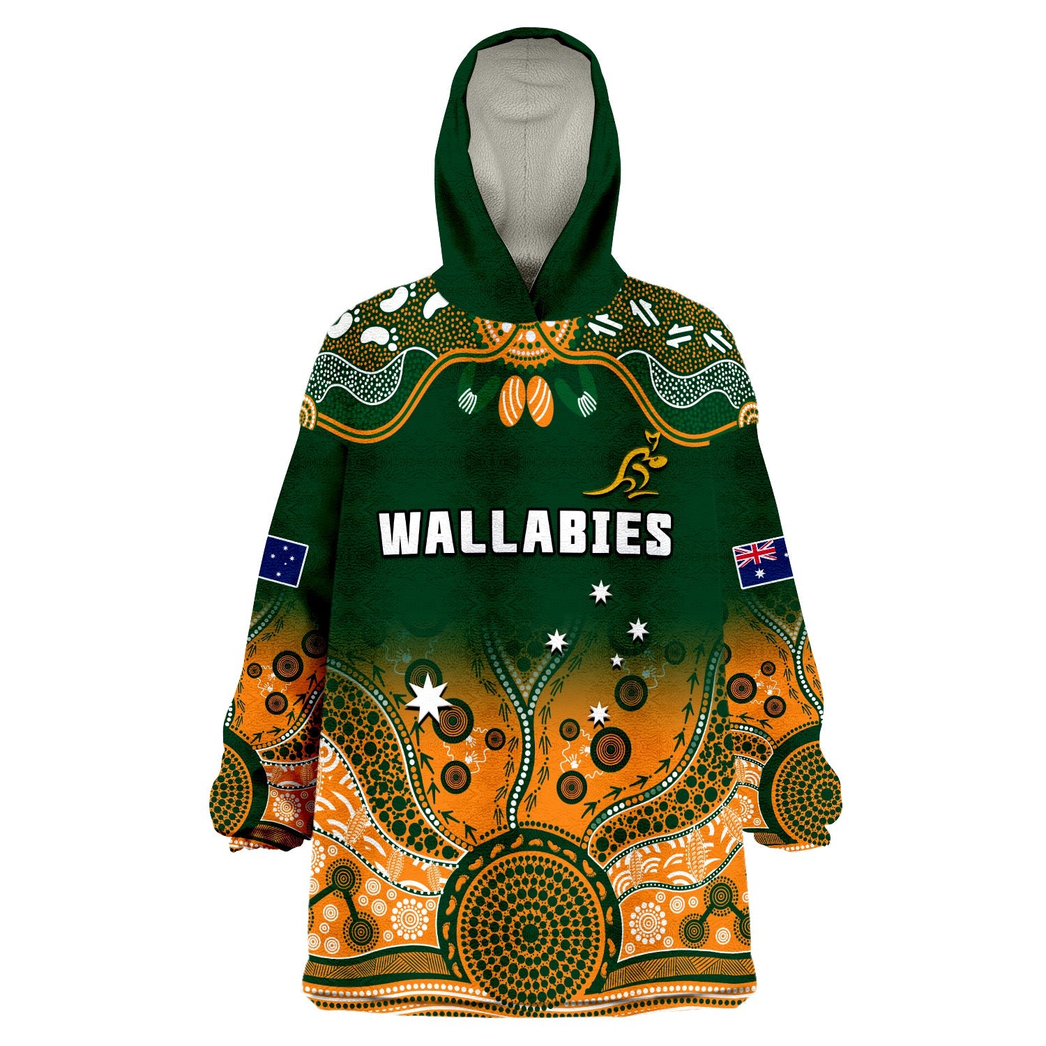 (Custom Text And Number) Australia Rugby Wearable Blanket Hoodie Wallabies Kangaroo Green Aboriginal - Vibe Hoodie Shop