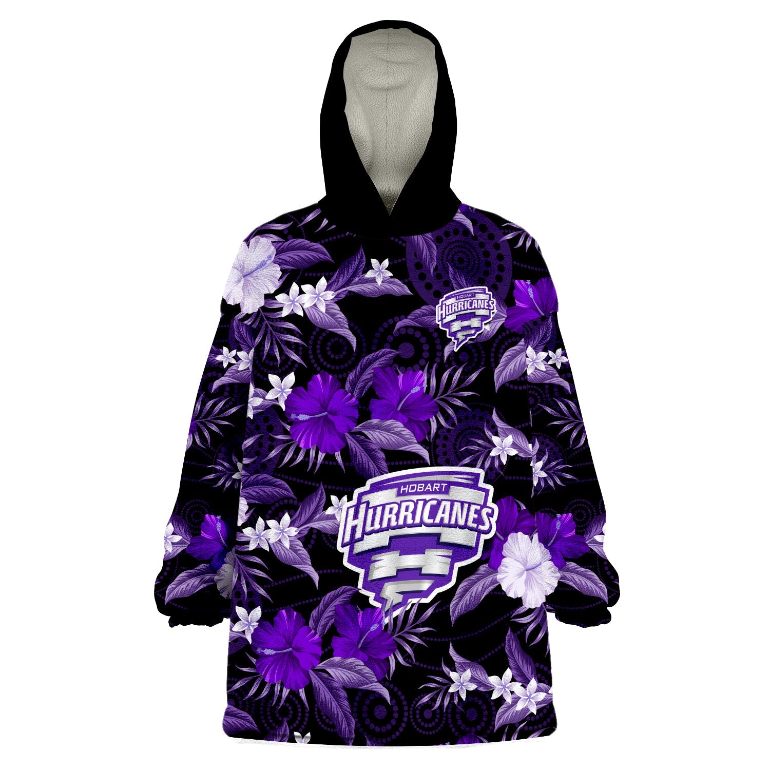 (Custom Text And Number) Hobart Hurricanes Cricket Wearable Blanket Hoodie Aboriginal Art Mix Tropical Flowers - Vibe Hoodie Shop