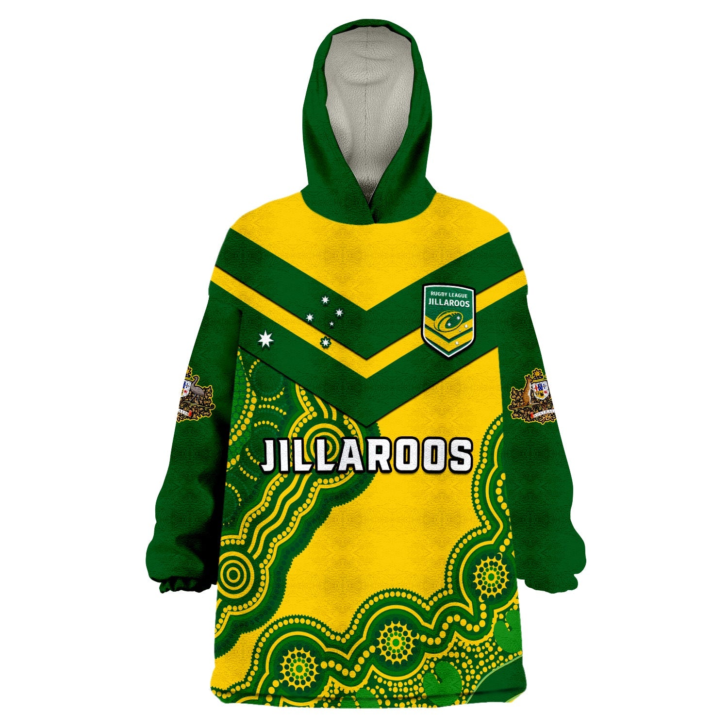 (Custom Text And Number) Australia Rugby Wearable Blanket Hoodie Jillaroos Champions Indigenous Yellow Style - Vibe Hoodie Shop