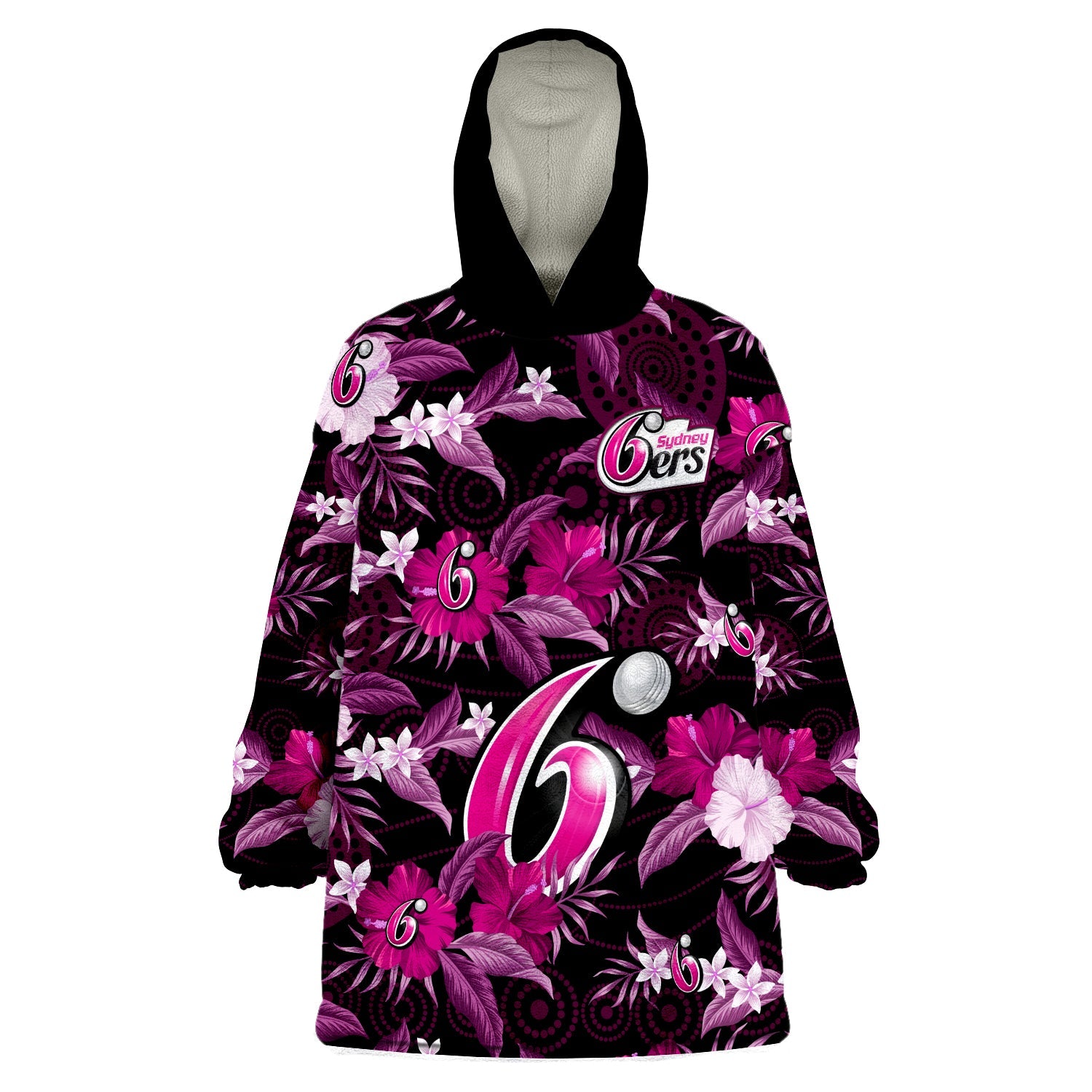 (Custom Text And Number) Sydney Sixers Cricket Wearable Blanket Hoodie Aboriginal Art Mix Tropical Flowers - Vibe Hoodie Shop
