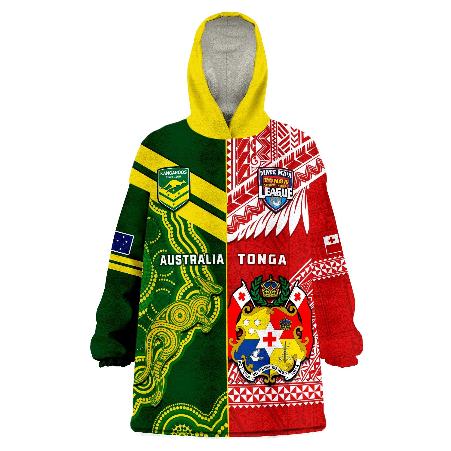 (Custom Personalised) Tonga And Australia Rugby Wearable Blanket Hoodie Mate Maa Tonga Mix Kangaroos - Vibe Hoodie Shop