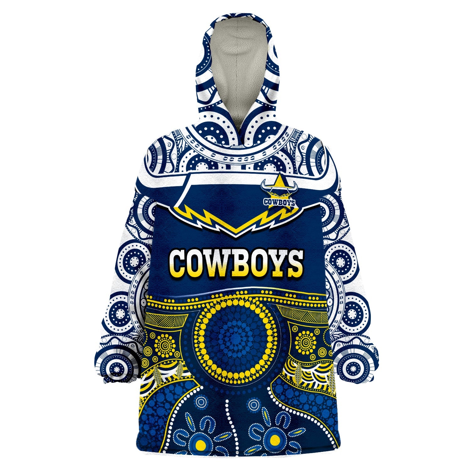 (Custom Text And Number) Cowboys Rugby Wearable Blanket Hoodie Aboriginal Art - Vibe Hoodie Shop