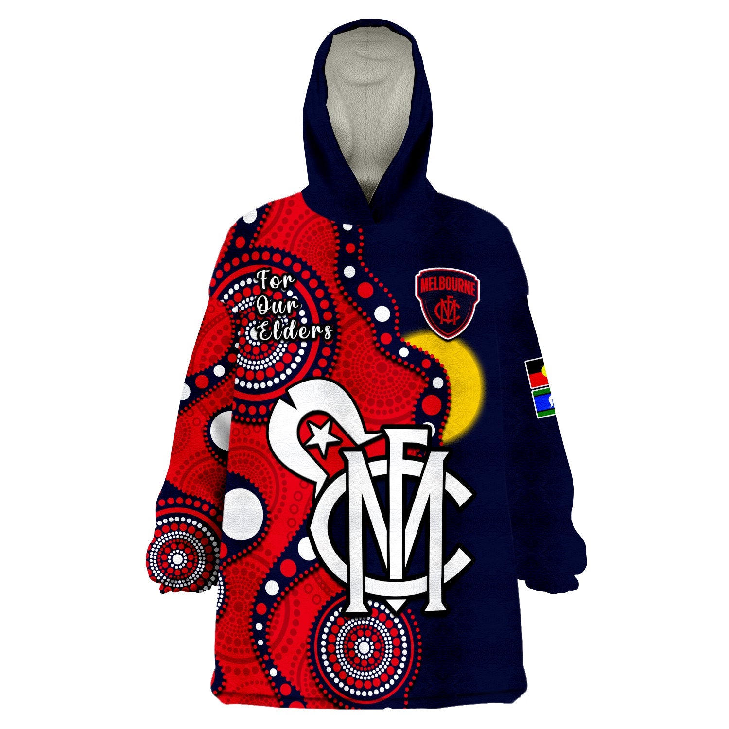(Custom Text And Number) Melbourne Football NAIDOC 2023 Wearable Blanket Hoodie Demons For Our Elders Indigenous - Vibe Hoodie Shop