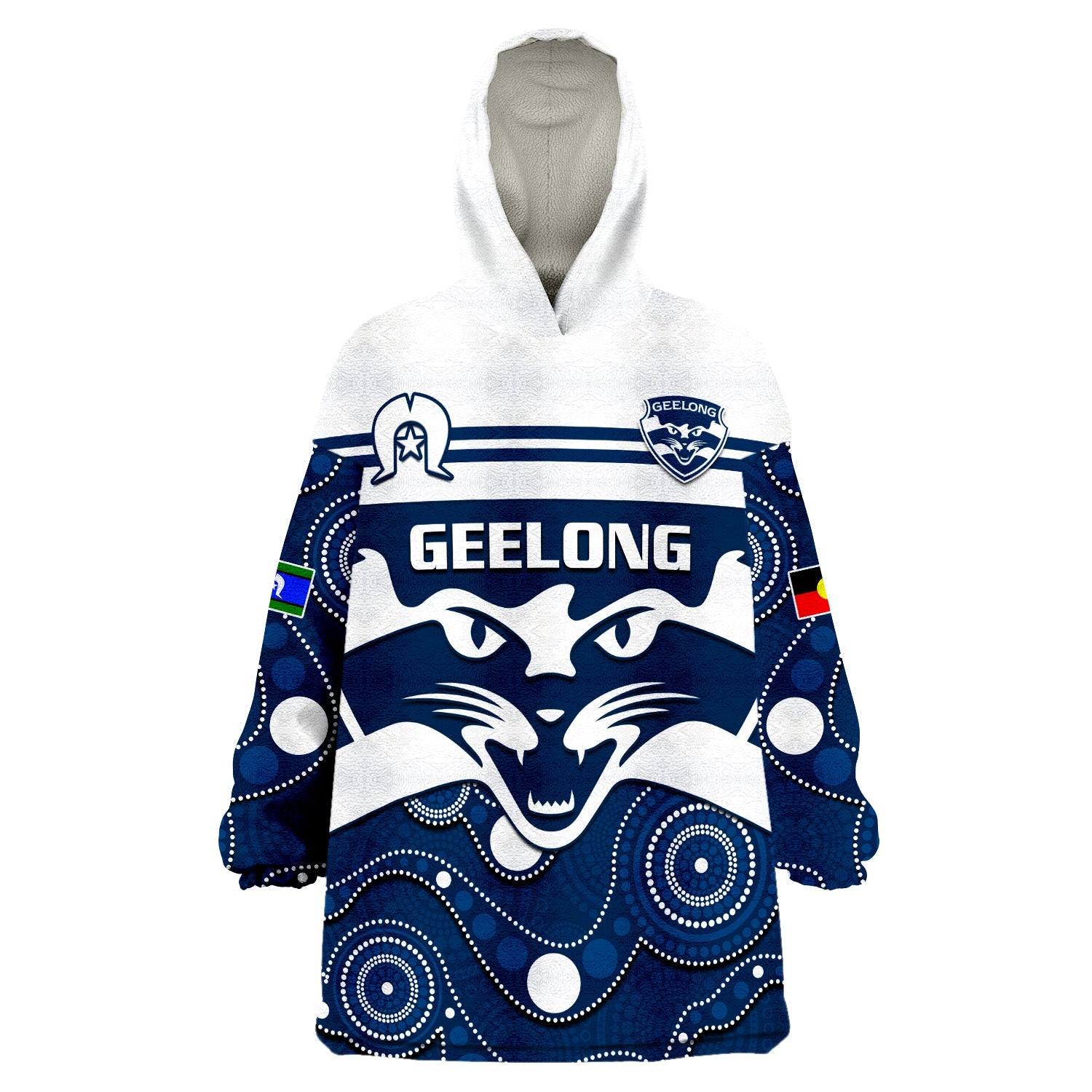 (Custom Text And Number) Geelong Football NAIDOC 2023 Wearable Blanket Hoodie Cats For Our Elders Indigenous Art - Vibe Hoodie Shop