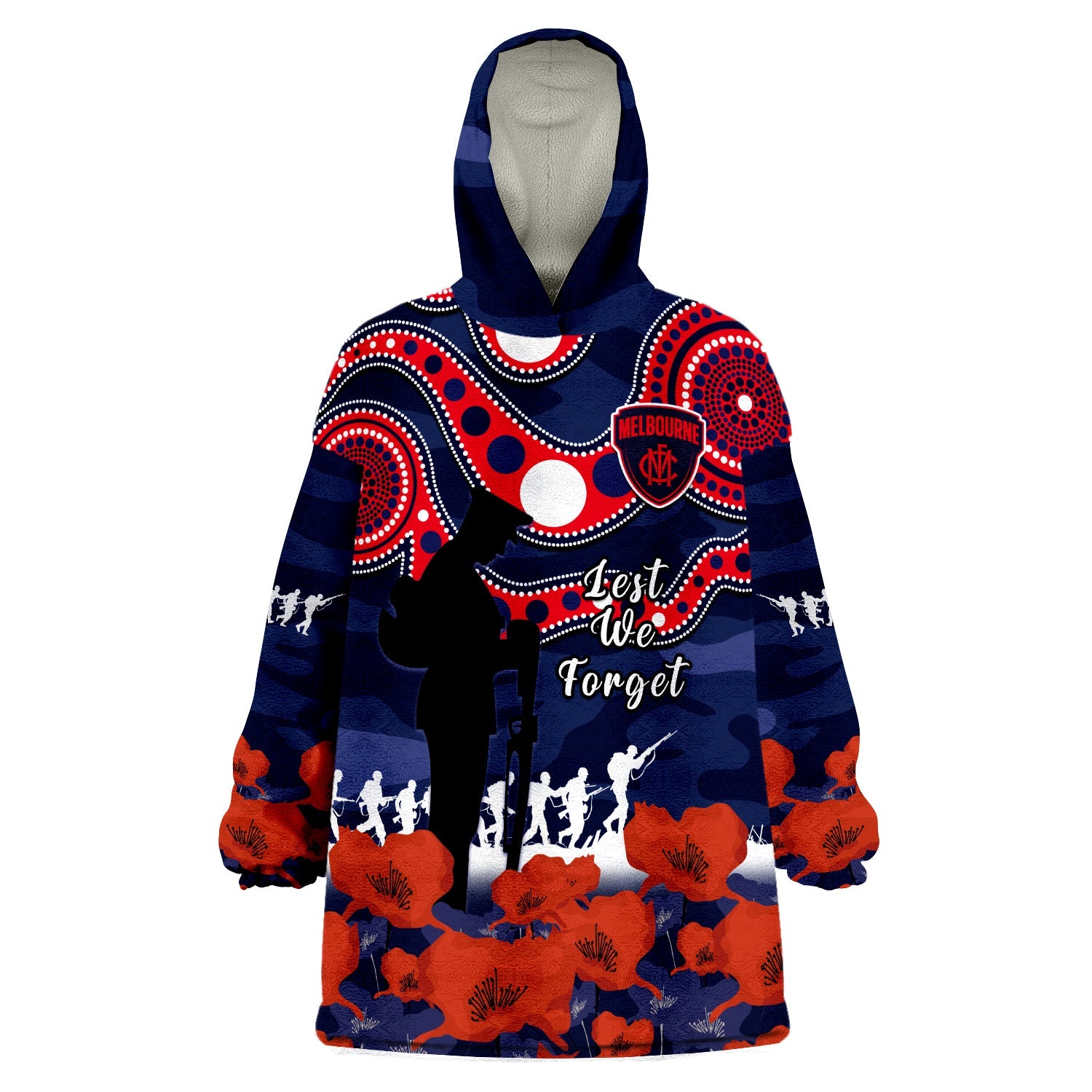 (Custom Text And Number) Melbourne Football ANZAC 2023 Wearable Blanket Hoodie Demons Aboriginal Mix Poppy Camouflage - Vibe Hoodie Shop