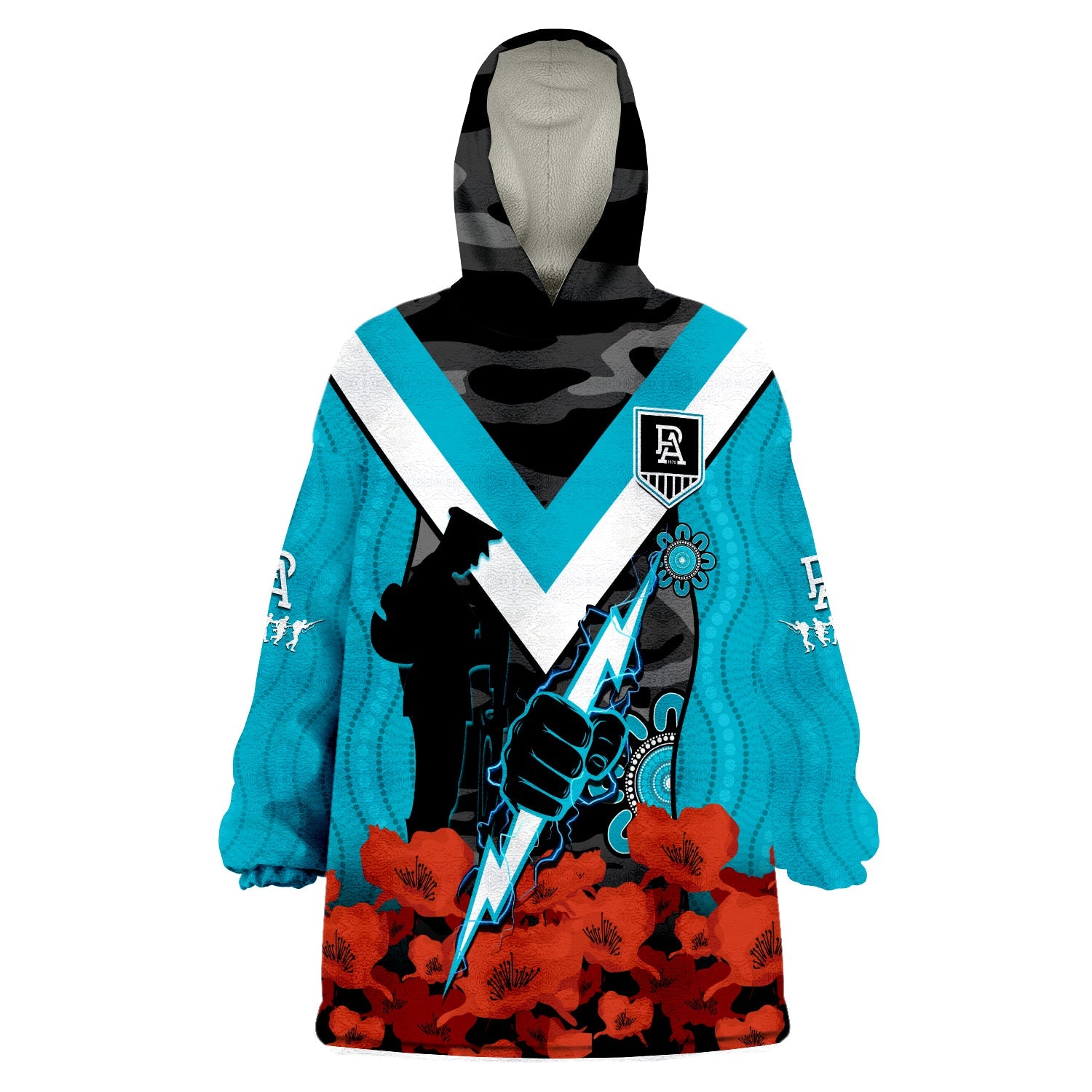 (Custom Text And Number) Port Adelaide Football ANZAC 2023 Wearable Blanket Hoodie Power Aboriginal Mix Poppy Camouflage - Vibe Hoodie Shop