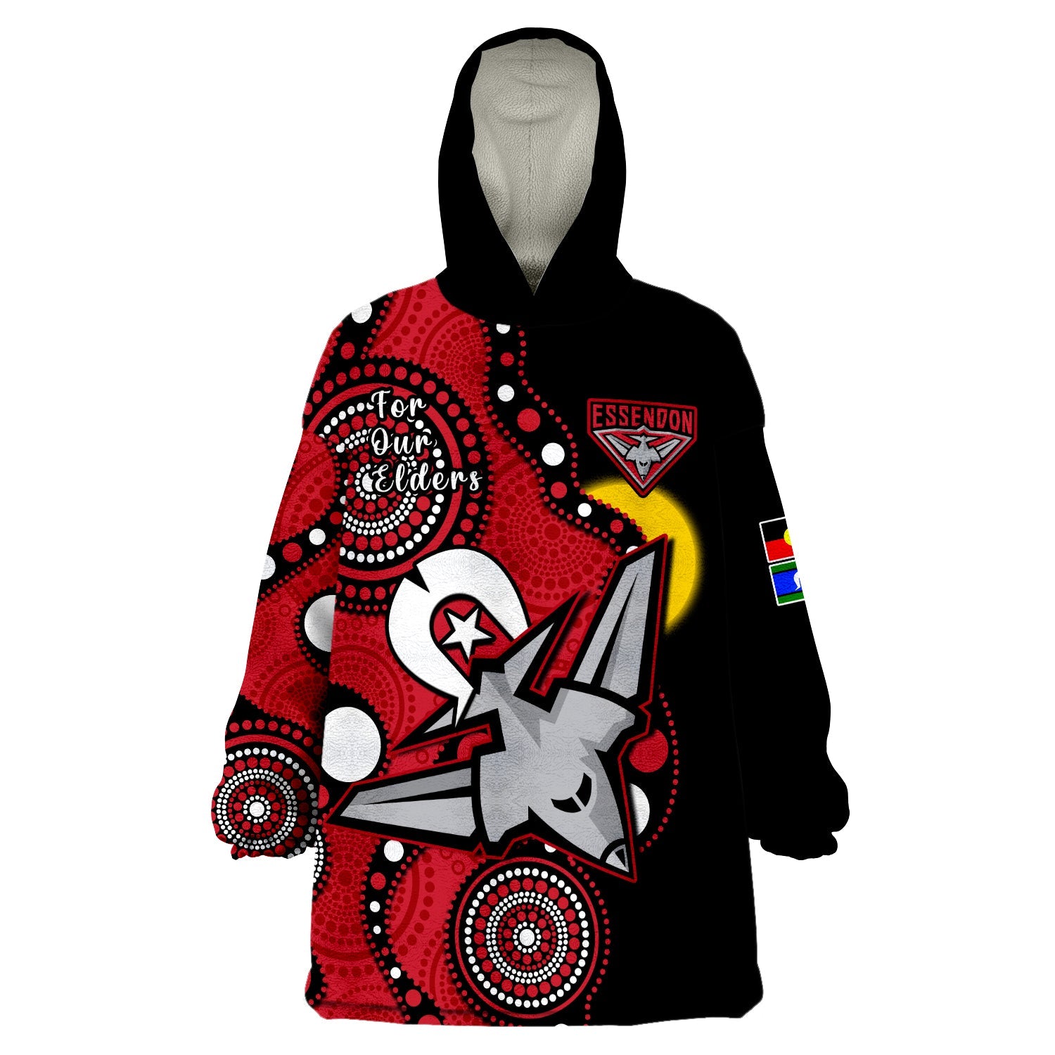 (Custom Text And Number) Essendon Football NAIDOC 2023 Wearable Blanket Hoodie Bombers For Our Elders Indigenous Art - Vibe Hoodie Shop