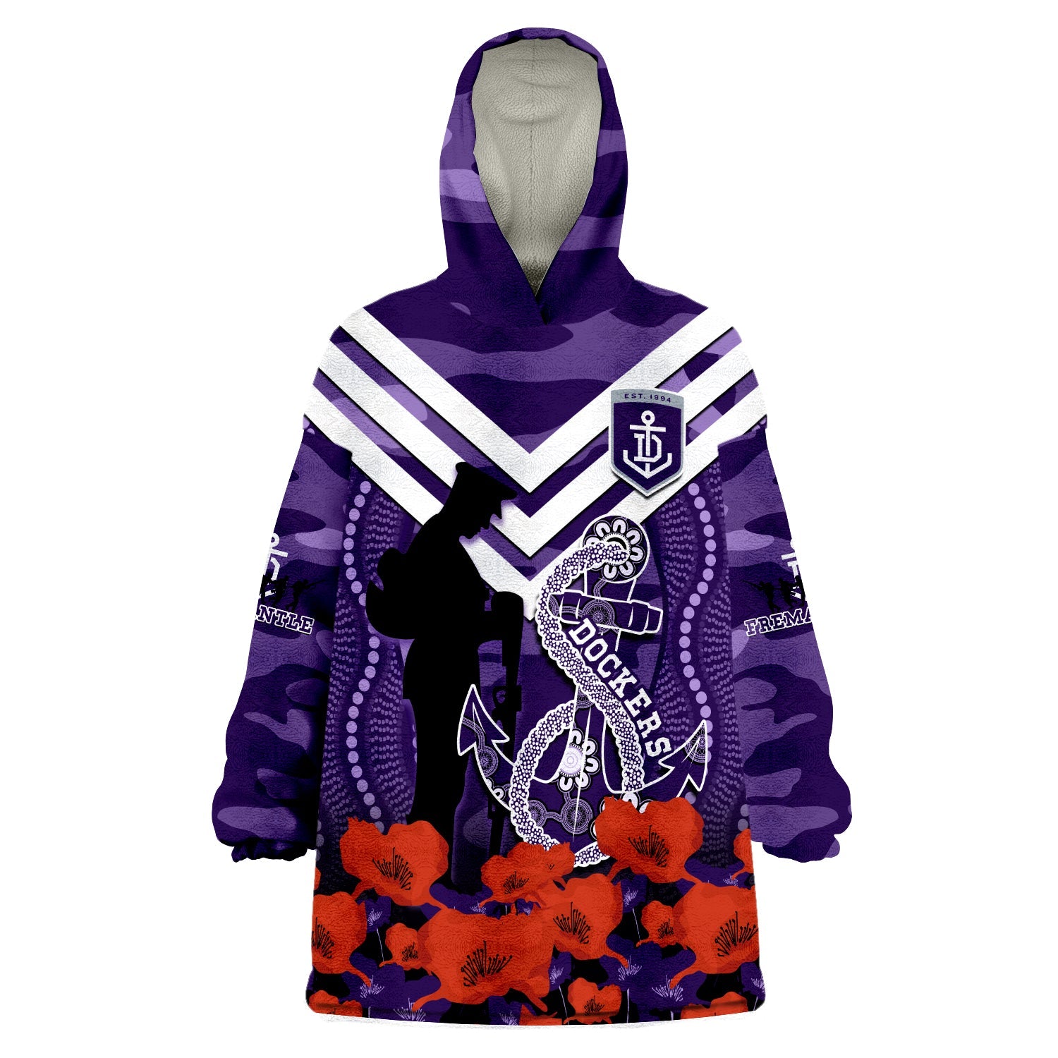 (Custom Text And Number) Dockers Football ANZAC 2023 Wearable Blanket Hoodie Aboriginal Mix Poppy Camouflage - Vibe Hoodie Shop