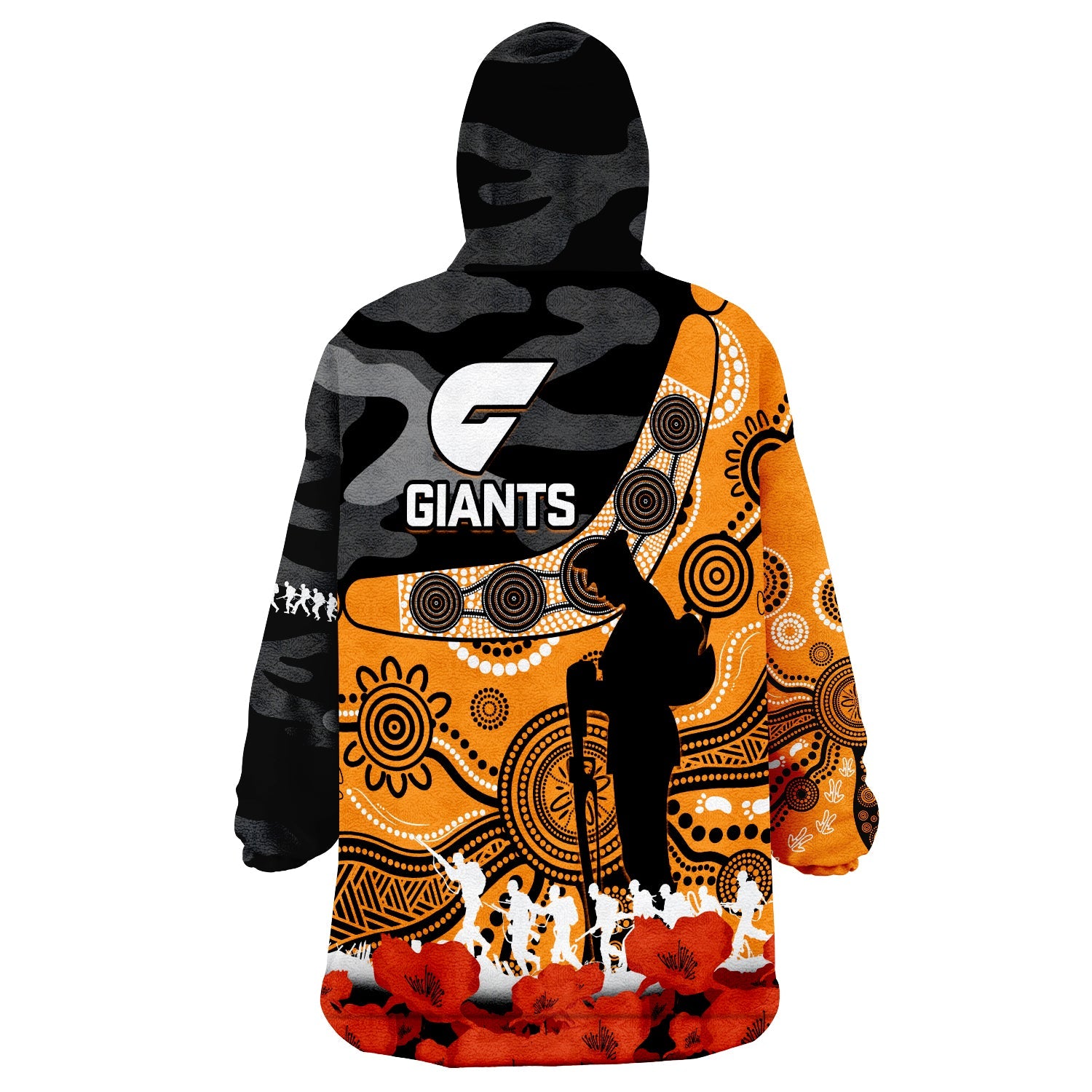 Giants Football ANZAC 2023 Wearable Blanket Hoodie GWS Aboriginal Mix Poppy Camouflage - Vibe Hoodie Shop