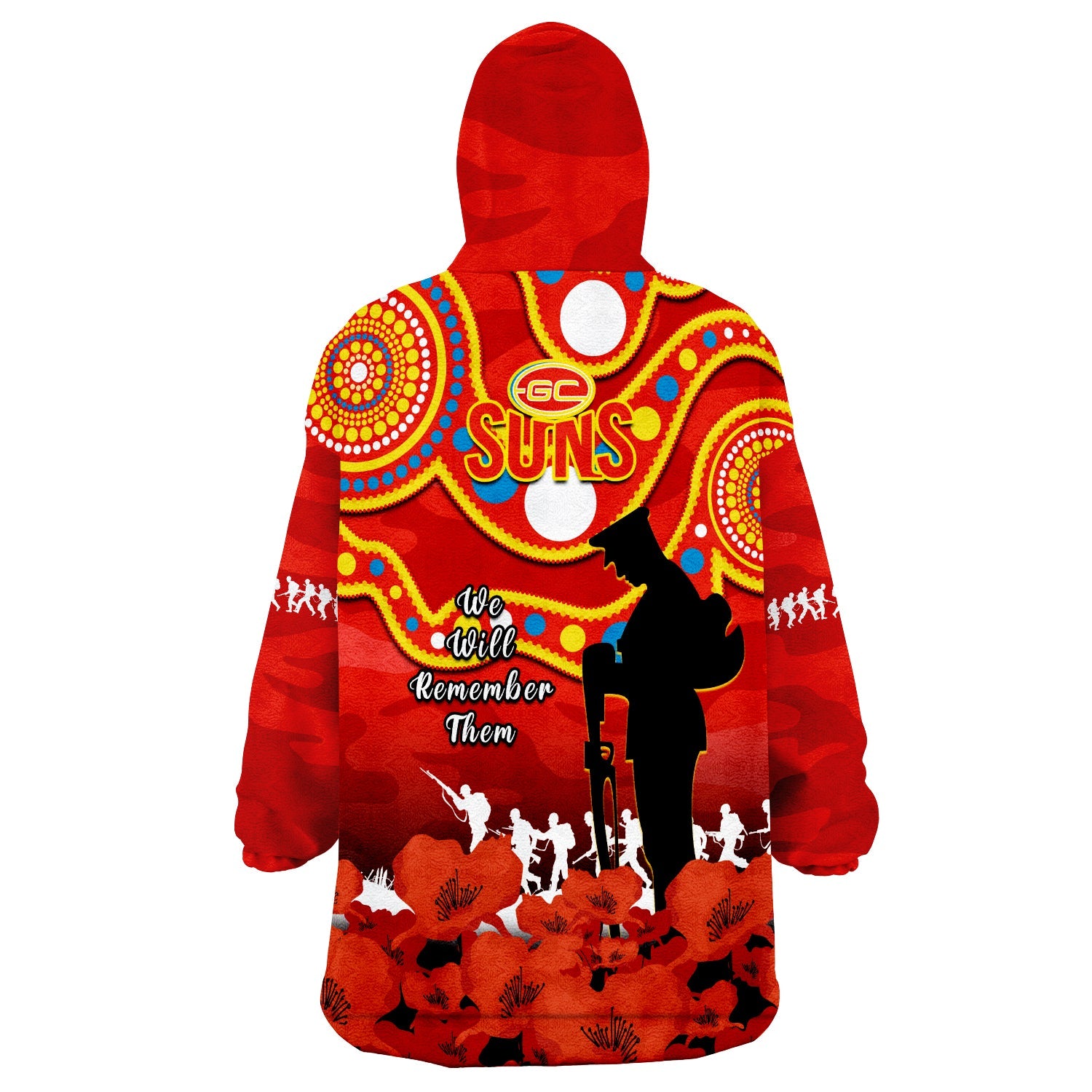 Gold Coast Football ANZAC 2023 Wearable Blanket Hoodie Suns Aboriginal Mix Poppy Camouflage - Vibe Hoodie Shop