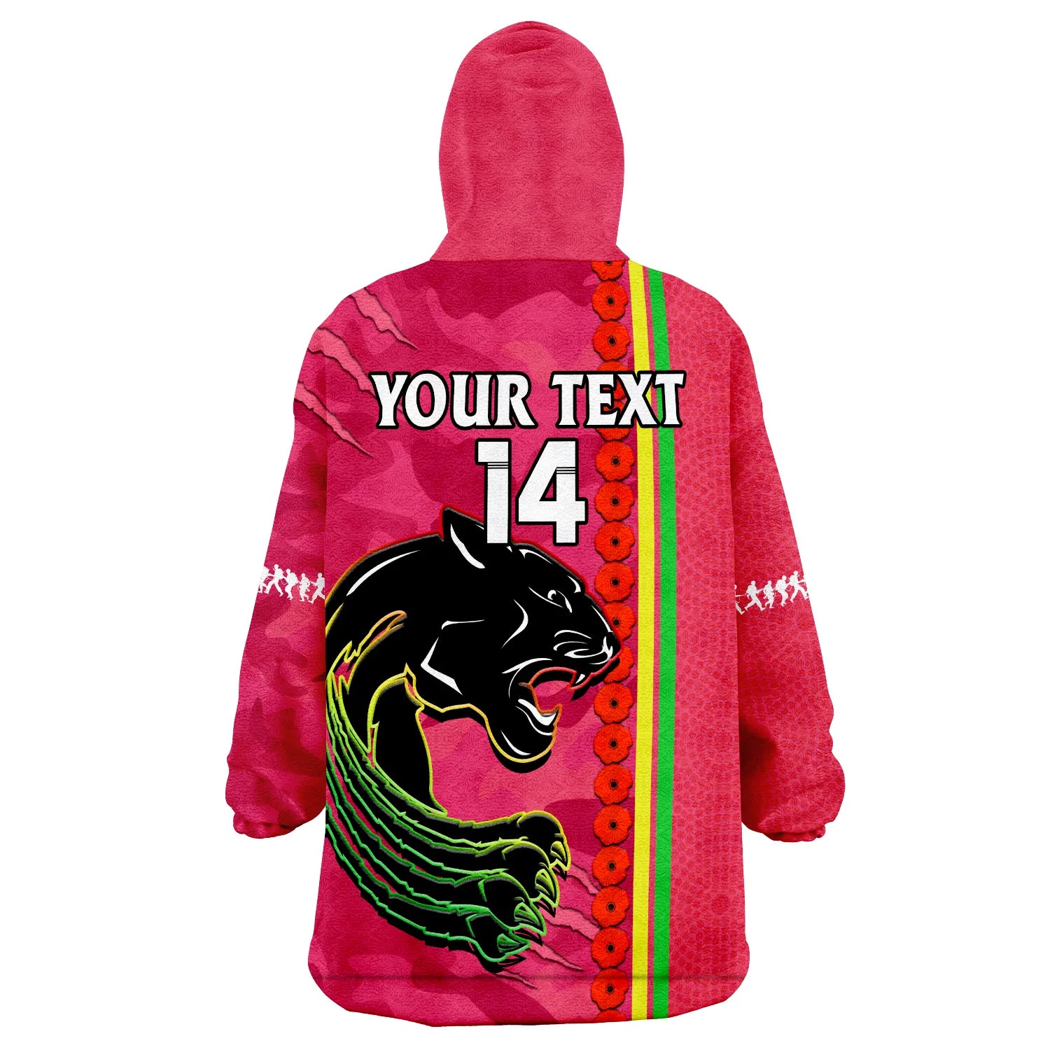 (Custom Text And Number) Panthers Rugby ANZAC Wearable Blanket Hoodie Aboriginal Mix Poppy Camouflage Pink - Vibe Hoodie Shop