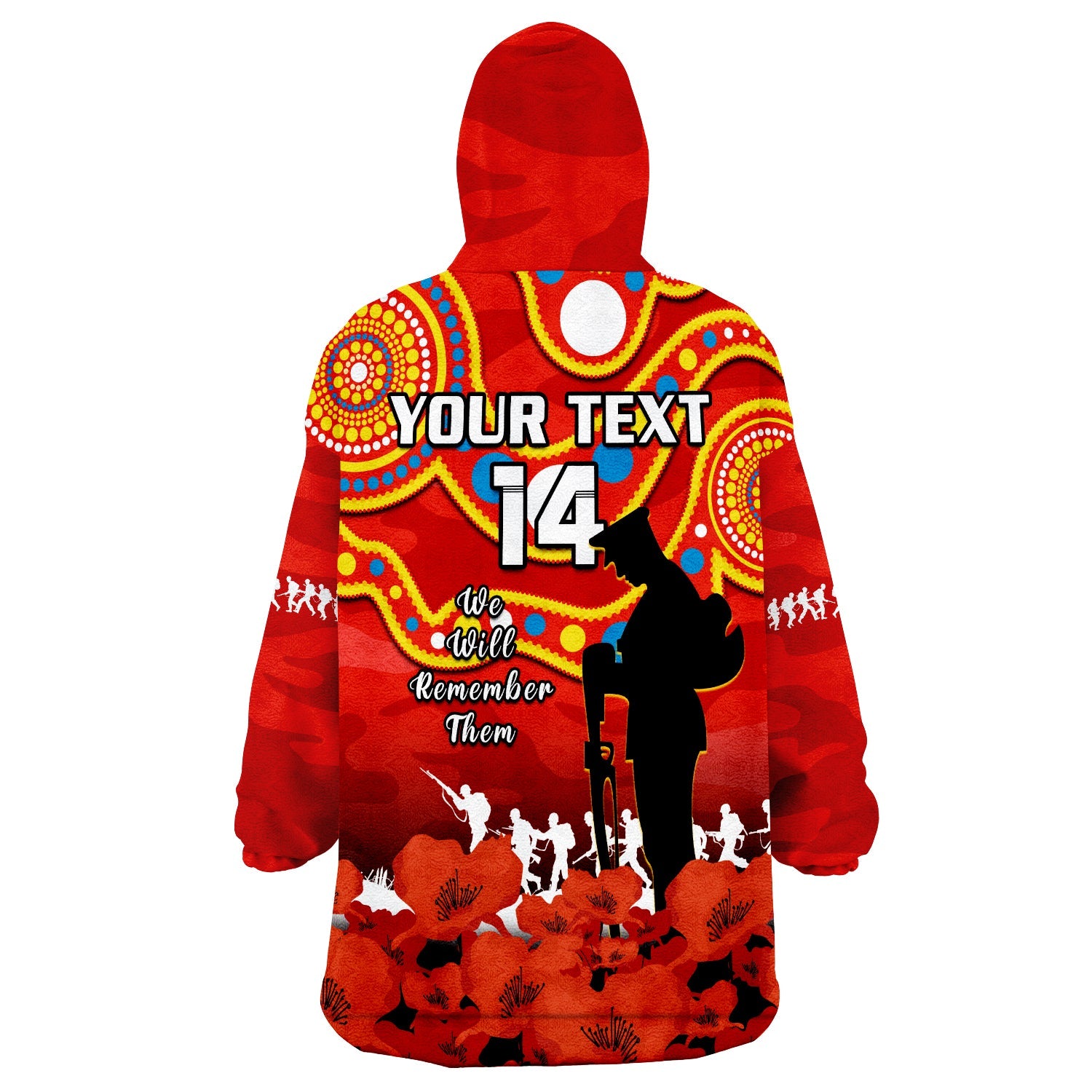 (Custom Text And Number) Gold Coast Football ANZAC 2023 Wearable Blanket Hoodie Suns Aboriginal Mix Poppy Camouflage - Vibe Hoodie Shop