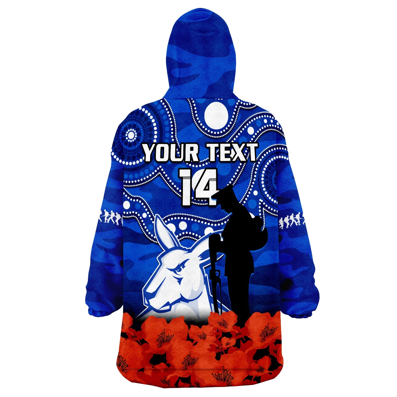 (Custom Text And Number) North Melbourne Football ANZAC 2023 Wearable Blanket Hoodie Kangaroos Aboriginal Mix Poppy Camouflage - Vibe Hoodie Shop