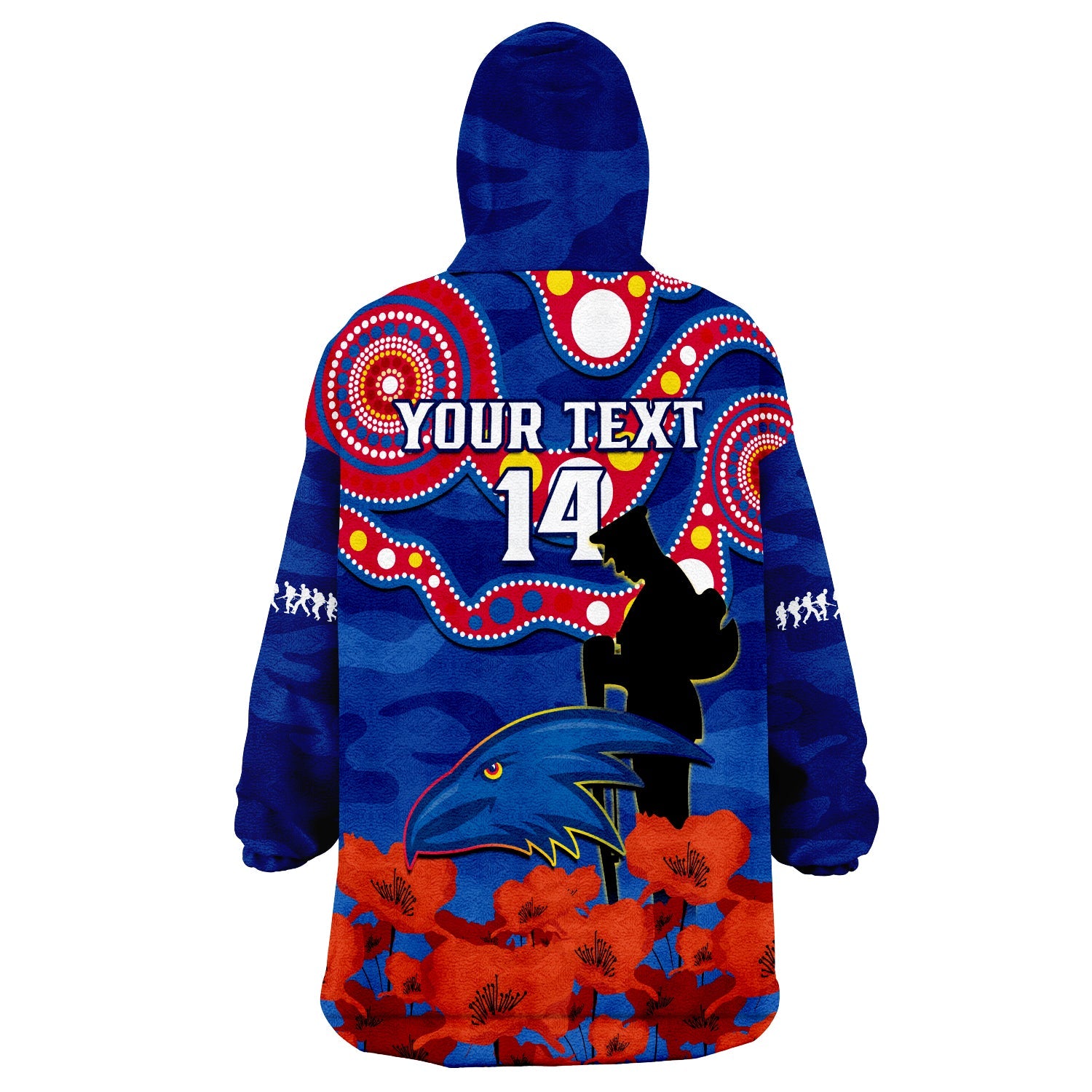 (Custom Text And Number) Adelaide Football ANZAC 2023 Wearable Blanket Hoodie Crows Aboriginal Mix Poppy Camouflage - Vibe Hoodie Shop