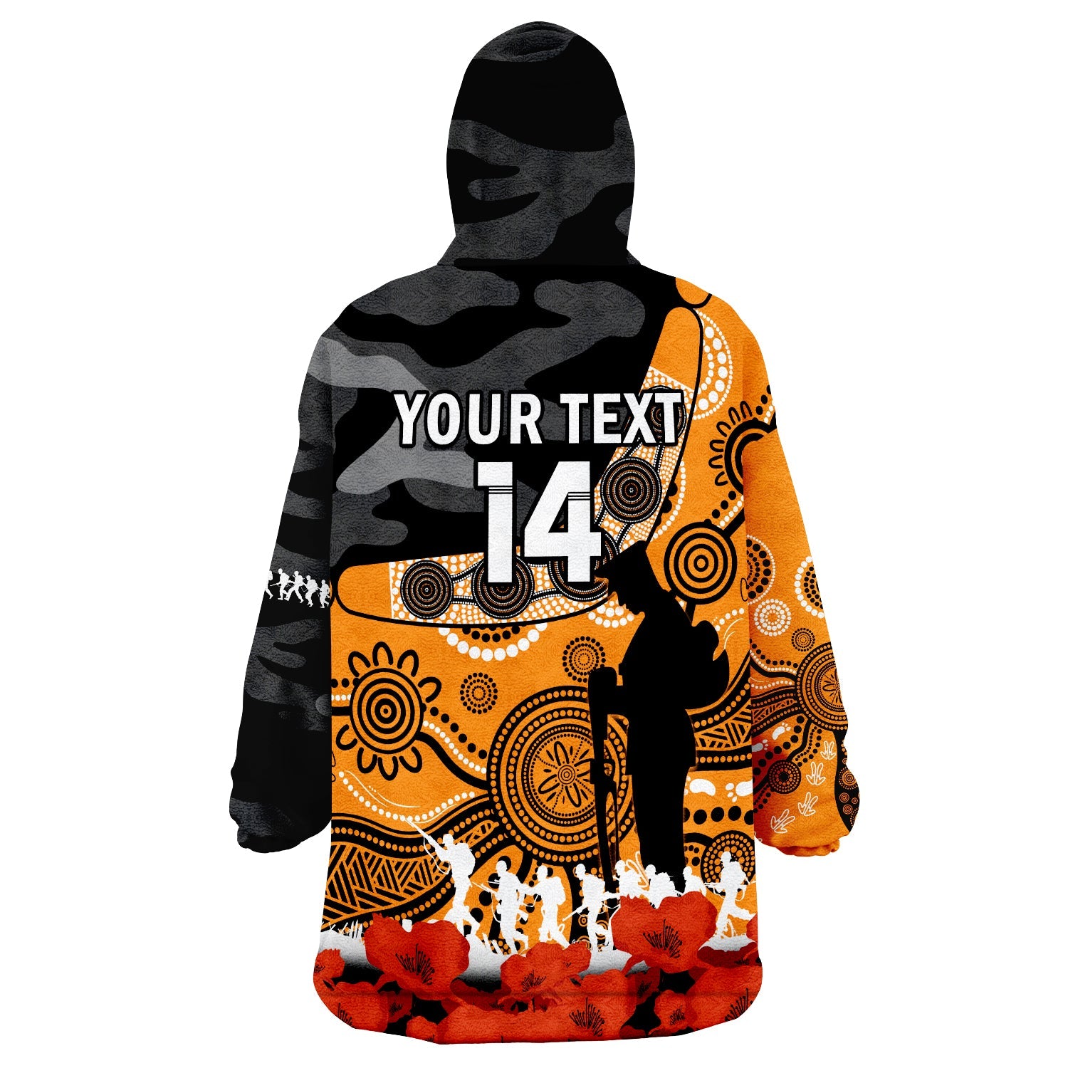 (Custom Text And Number) Giants Football ANZAC 2023 Wearable Blanket Hoodie GWS Aboriginal Mix Poppy Camouflage - Vibe Hoodie Shop