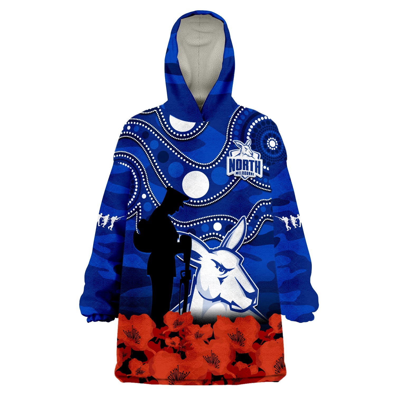 North Melbourne Football ANZAC 2023 Wearable Blanket Hoodie Kangaroos Aboriginal Mix Poppy Camouflage - Vibe Hoodie Shop