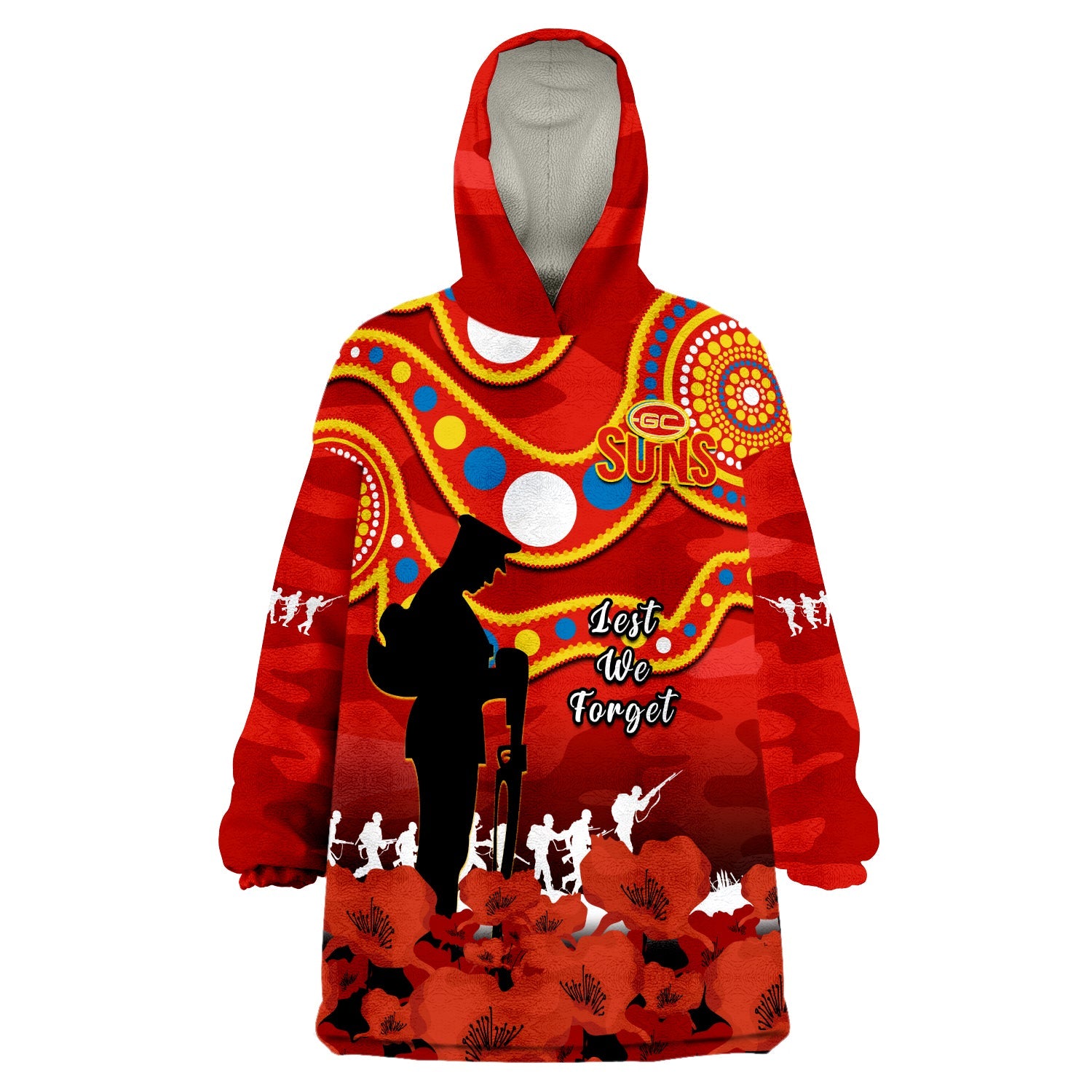 Gold Coast Football ANZAC 2023 Wearable Blanket Hoodie Suns Aboriginal Mix Poppy Camouflage - Vibe Hoodie Shop