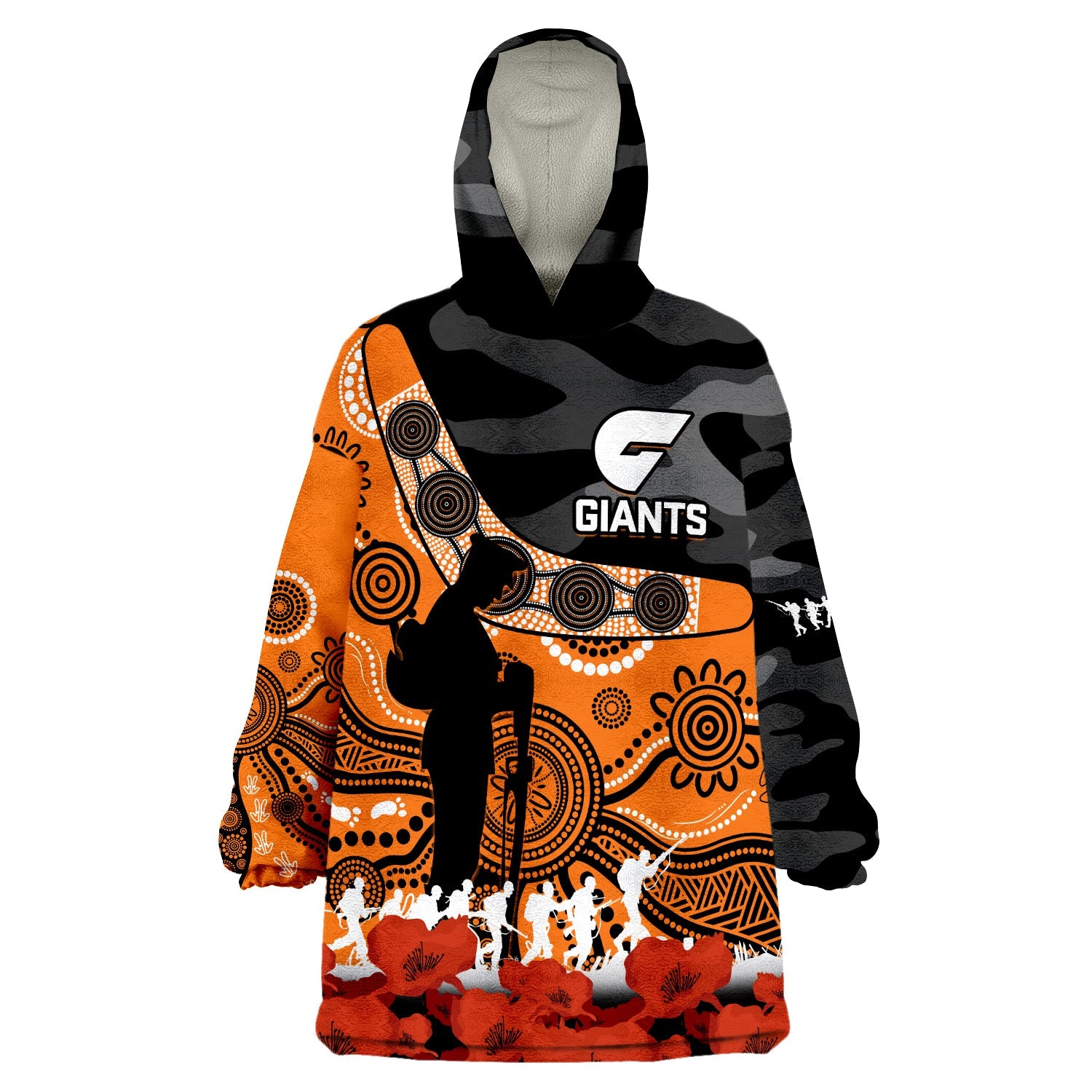 (Custom Text And Number) Giants Football ANZAC 2023 Wearable Blanket Hoodie GWS Aboriginal Mix Poppy Camouflage - Vibe Hoodie Shop
