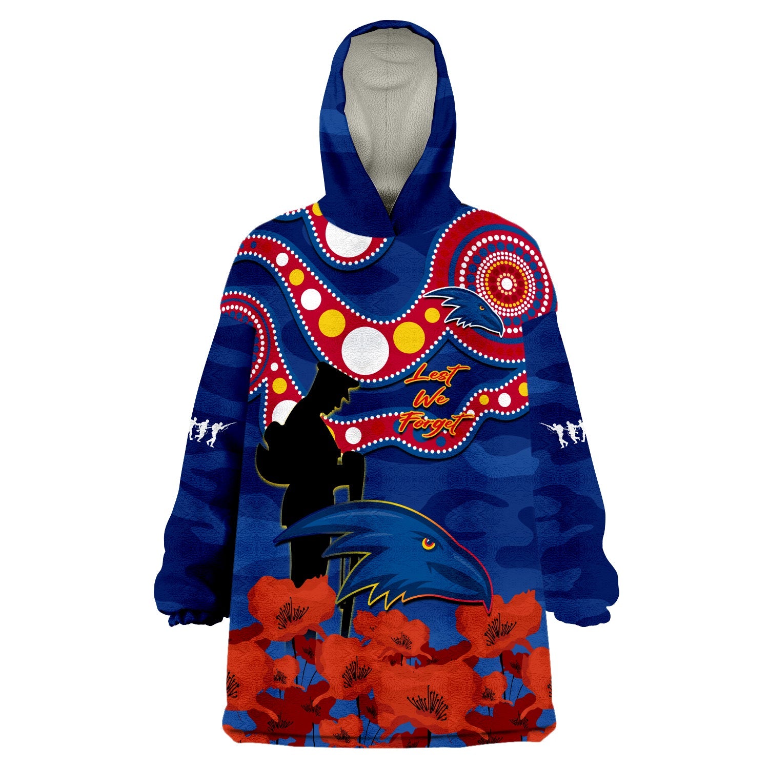 (Custom Text And Number) Adelaide Football ANZAC 2023 Wearable Blanket Hoodie Crows Aboriginal Mix Poppy Camouflage - Vibe Hoodie Shop