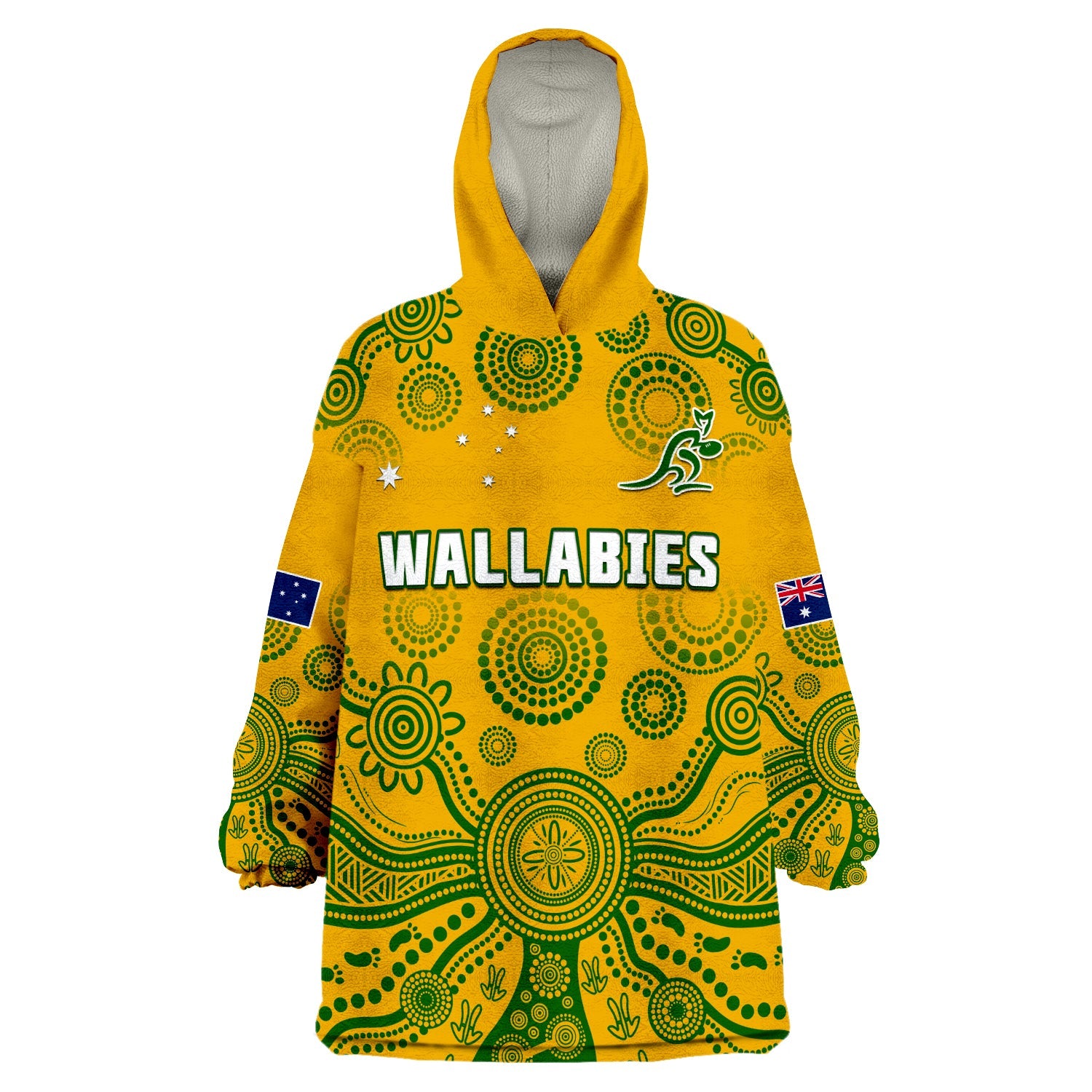 (Custom Text And Number) Australia 2022 Rugby Wearable Blanket Hoodie Wallabies Aboriginal Yellow Style - Vibe Hoodie Shop
