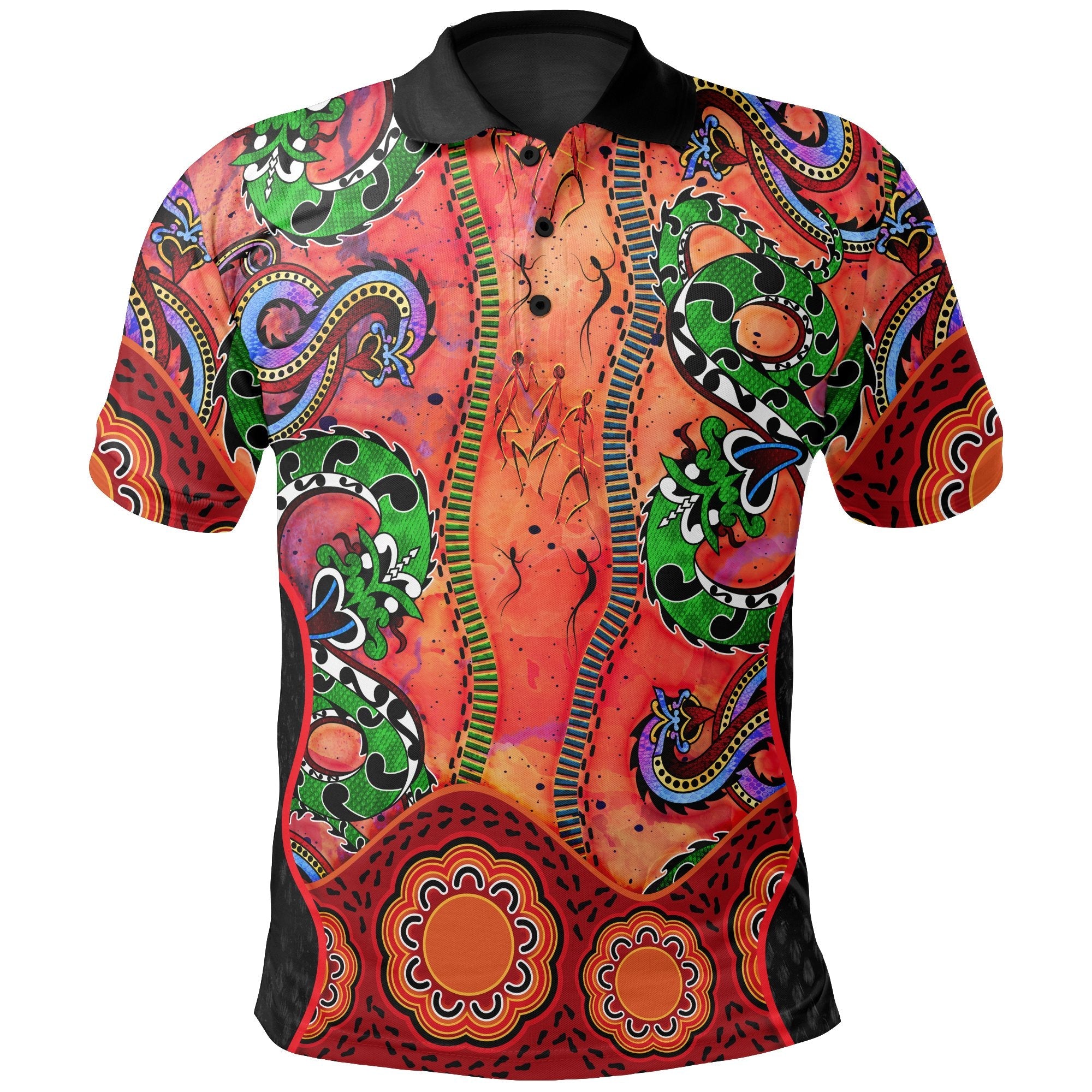 Aboriginal Polo - Aussie Indigenous Patterns Orange - Vibe Hoodie Shop