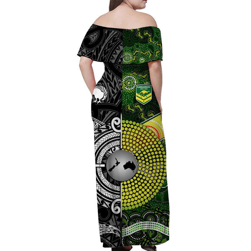 New Zealand Maori All Black And Australia Kangaroos Aboriginal Off Shoulder Long Dress Rugby Together - Vibe Hoodie Shop