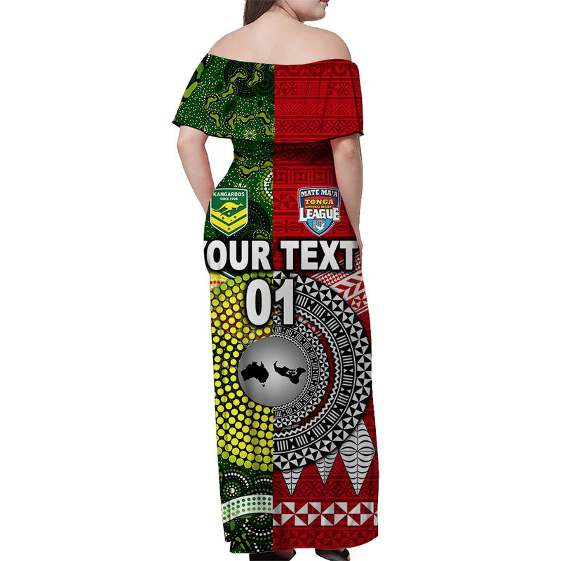 (Custom Personalised) Mate Ma'a Tonga Ngatu And Australia Kangaroos Aboriginal Off Shoulder Long Dress Rugby Together - Vibe Hoodie Shop