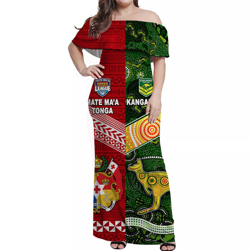 (Custom Personalised) Mate Ma'a Tonga Ngatu And Australia Kangaroos Aboriginal Off Shoulder Long Dress Rugby Together - Vibe Hoodie Shop