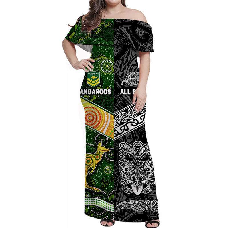 New Zealand Maori All Black And Australia Kangaroos Aboriginal Off Shoulder Long Dress Rugby Together - Vibe Hoodie Shop