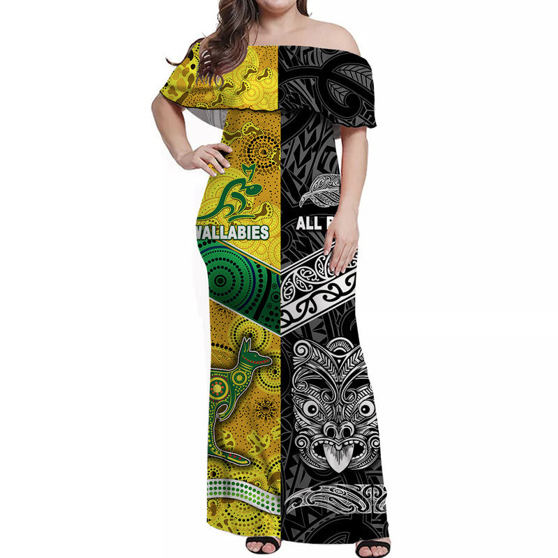 New Zealand Maori All Black And Australia Wallabies Aboriginal Off Shoulder Long Dress Rugby Together - Vibe Hoodie Shop