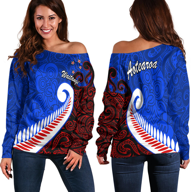 Waitangi Day Women Off Shoulder Sweater Aotearoa Hei Tiki Silver Fern - Vibe Hoodie Shop