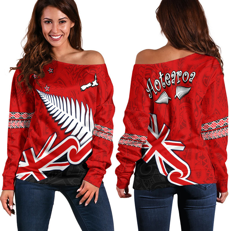 Waitangi Women Off Shoulder Sweater Aotearoa Tino Rangatiratanga Flag with Silver Fern - Vibe Hoodie Shop