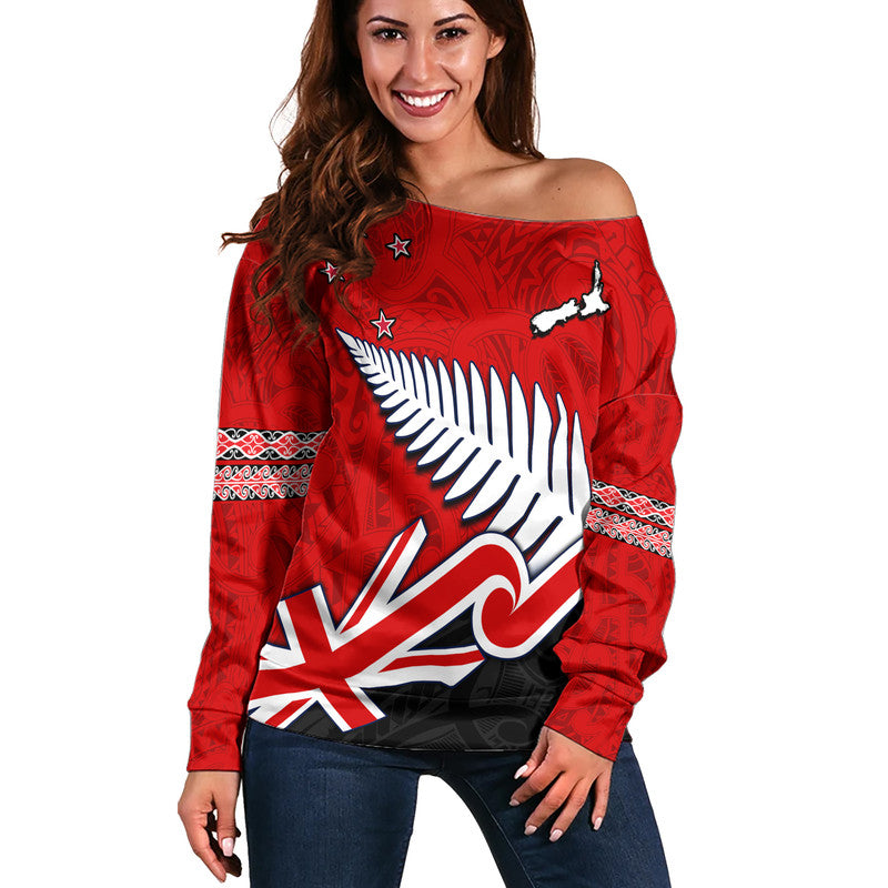 Waitangi Women Off Shoulder Sweater Aotearoa Tino Rangatiratanga Flag with Silver Fern - Vibe Hoodie Shop