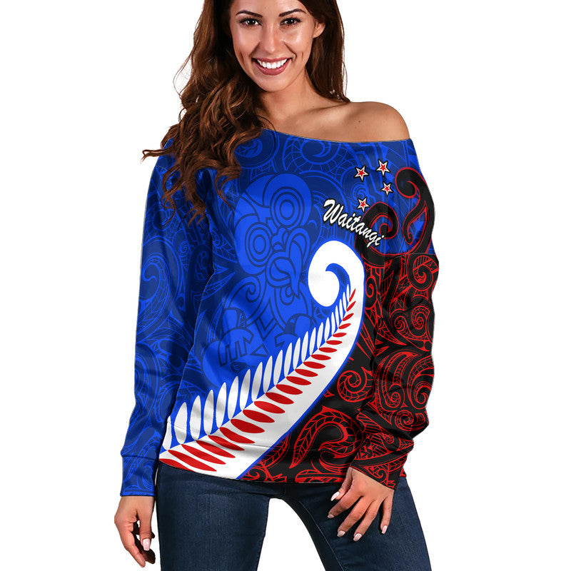 (Custom Personalised) Waitangi Day Women Off Shoulder Sweater Aotearoa Hei Tiki Silver Fern - Vibe Hoodie Shop