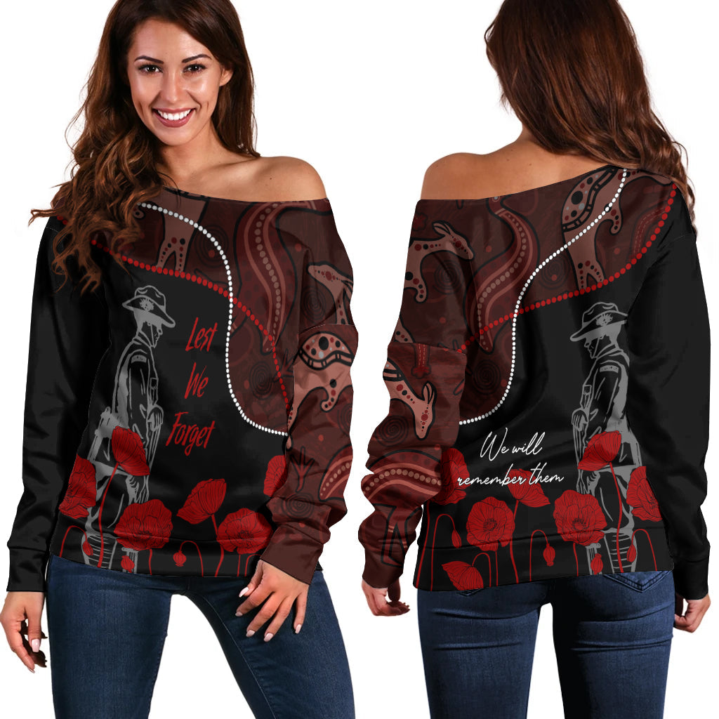 Australia ANZAC Day Off Shoulder Sweater Aboriginal Art With Poppies - Vibe Hoodie Shop