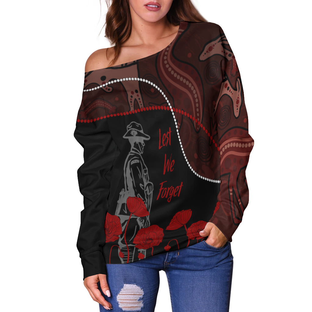 Australia ANZAC Day Off Shoulder Sweater Aboriginal Art With Poppies - Vibe Hoodie Shop