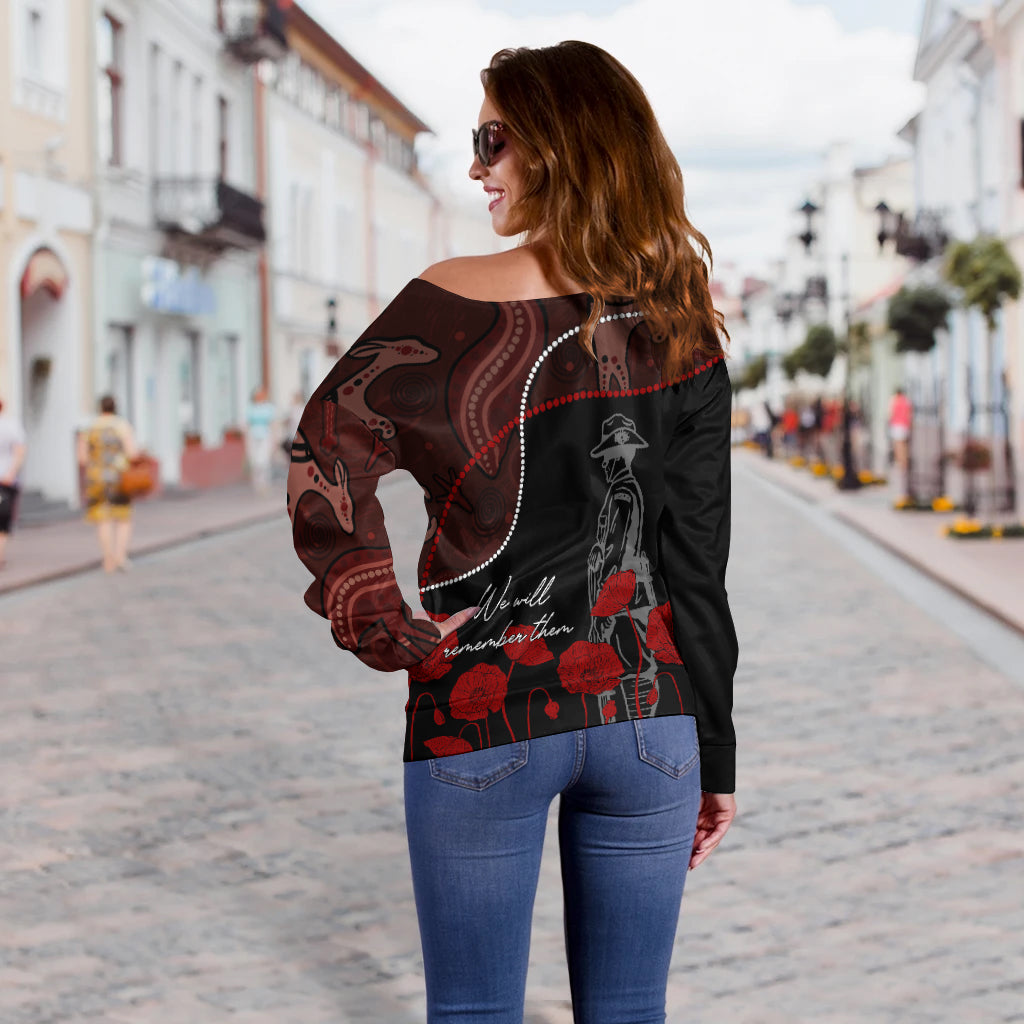 Australia ANZAC Day Off Shoulder Sweater Aboriginal Art With Poppies - Vibe Hoodie Shop