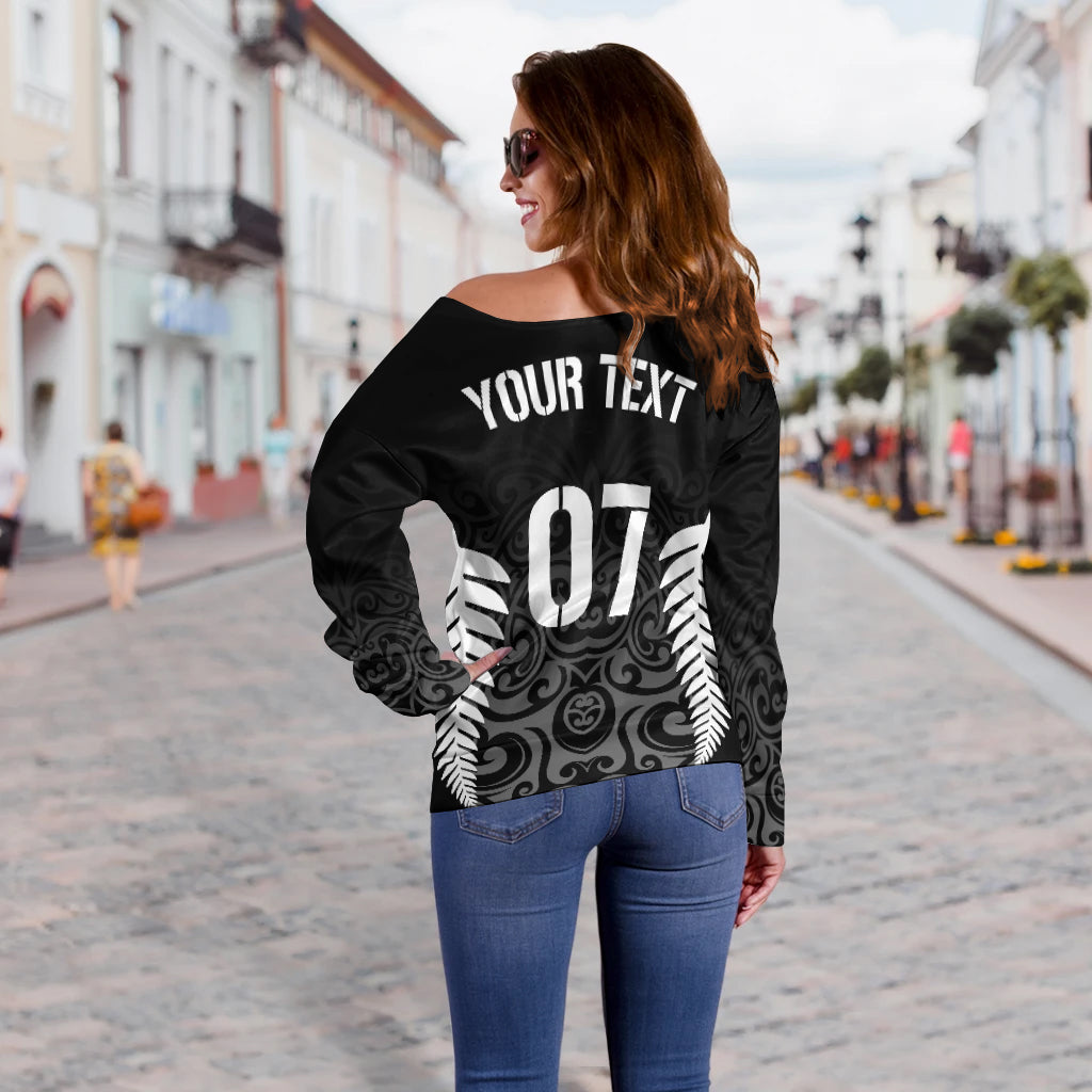 Personalised New Zealand Rugby Off Shoulder Sweater All Black Champion - Vibe Hoodie Shop