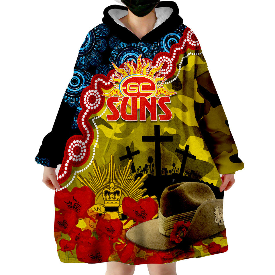 GC Suns Football ANZAC 2023 Wearable Hoodie Blanket Aboriginal Mix Slouch Hat - Vibe Hoodie Shop
