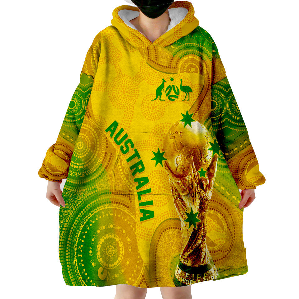 Personalised Australia Soccer WC 2022 Wearable Hoodie Blanket Aboriginal Socceroos - Vibe Hoodie Shop