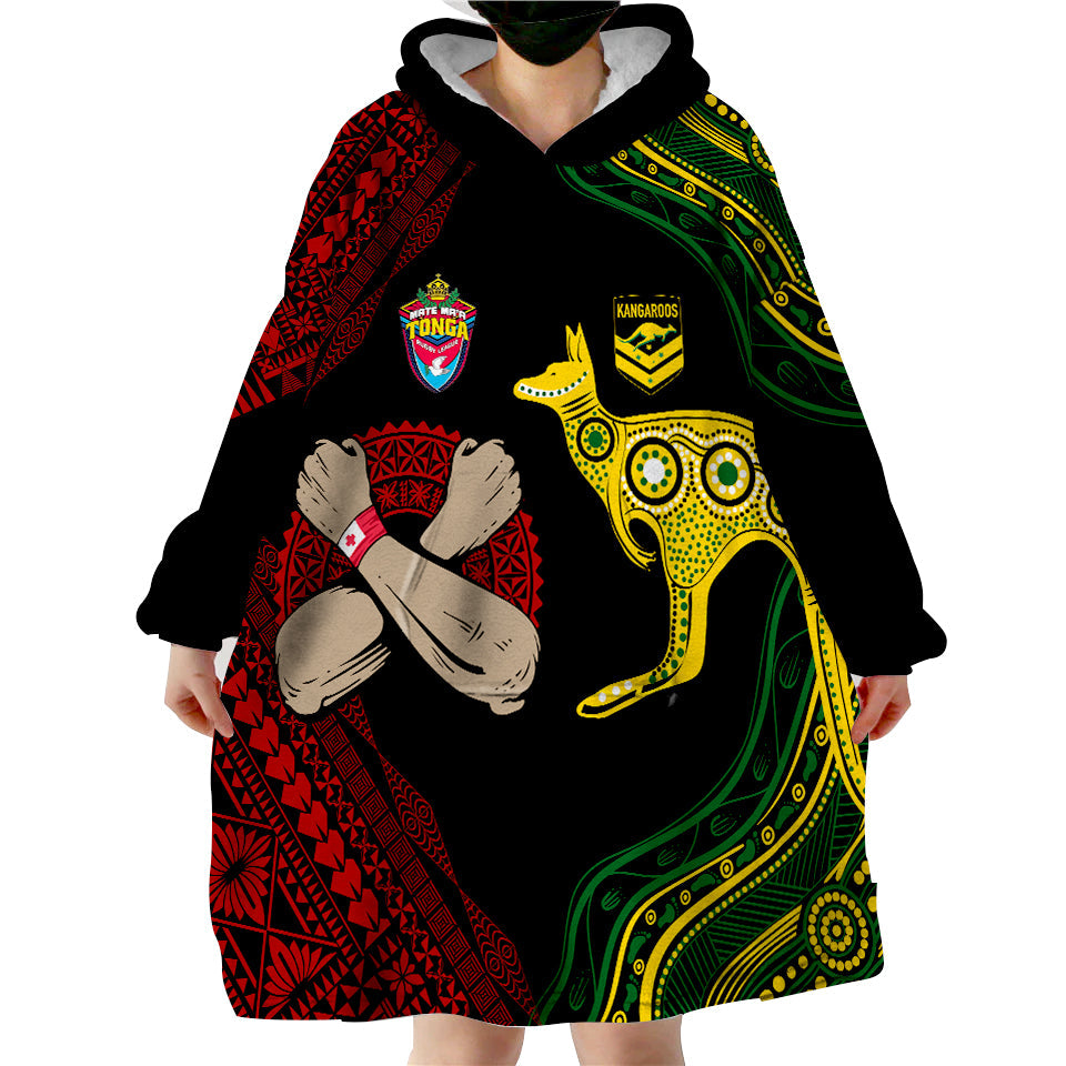 Personalised Aussie Kangaroos Mix Mate Maa Tonga Wearable Hoodie Blanket Aboriginal with Kupesi - Vibe Hoodie Shop