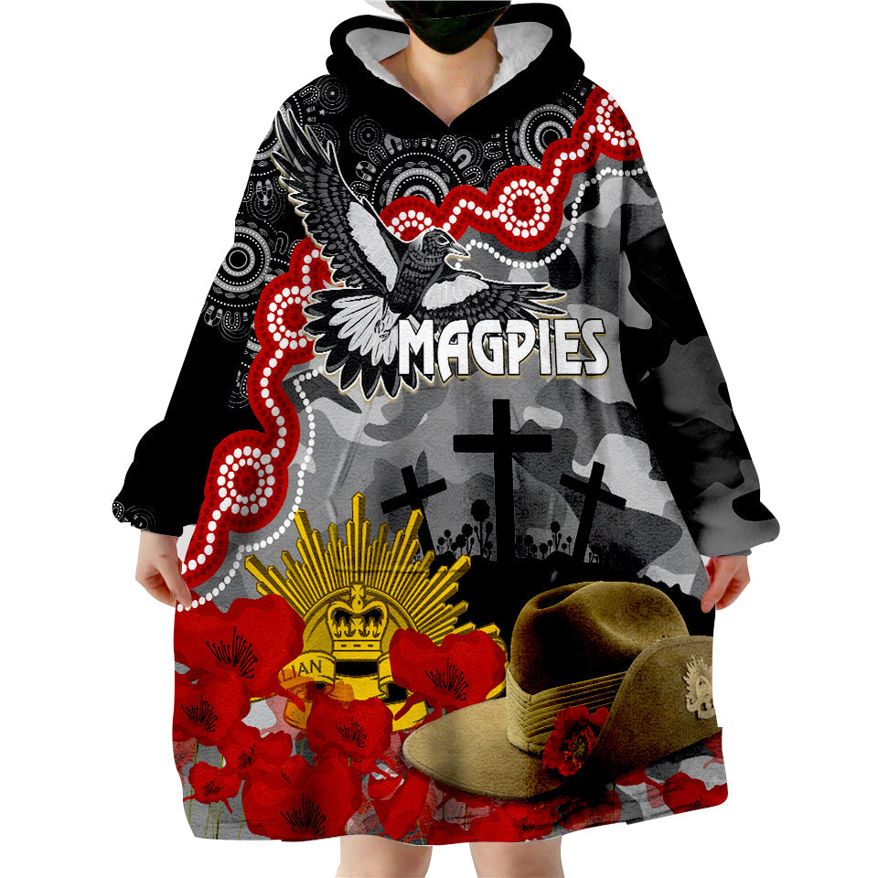 Magpies Football ANZAC 2023 Wearable Hoodie Blanket Aboriginal Mix Slouch Hat - Vibe Hoodie Shop