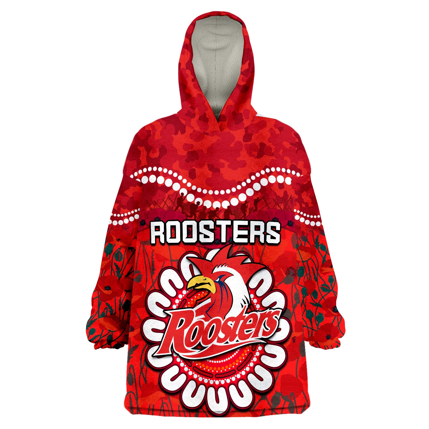 (Custom Personalised) Roosters Rugby ANZAC Wearable Blanket Hoodie Camouflage Poppy - Vibe Hoodie Shop