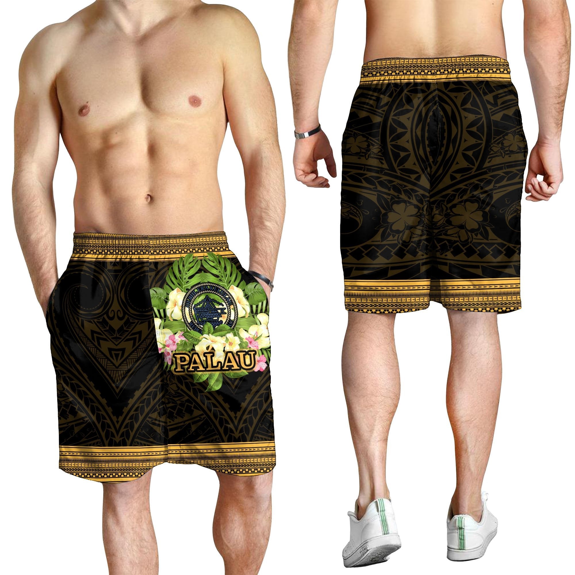 Palau Men's Shorts - Polynesian Gold Patterns Collection - Vibe Hoodie Shop