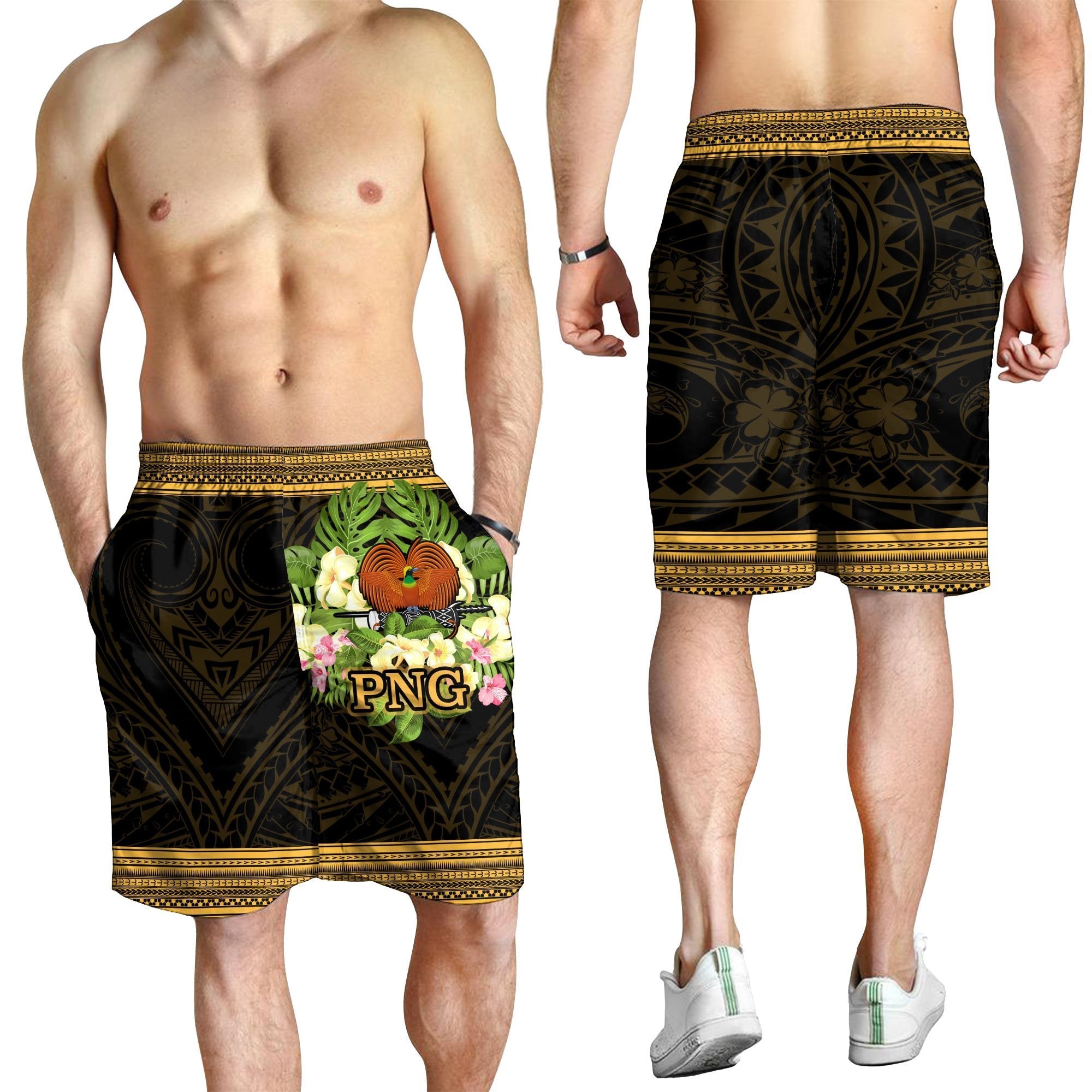 Papua New Guinea Men's Shorts - Polynesian Gold Patterns Collection - Vibe Hoodie Shop