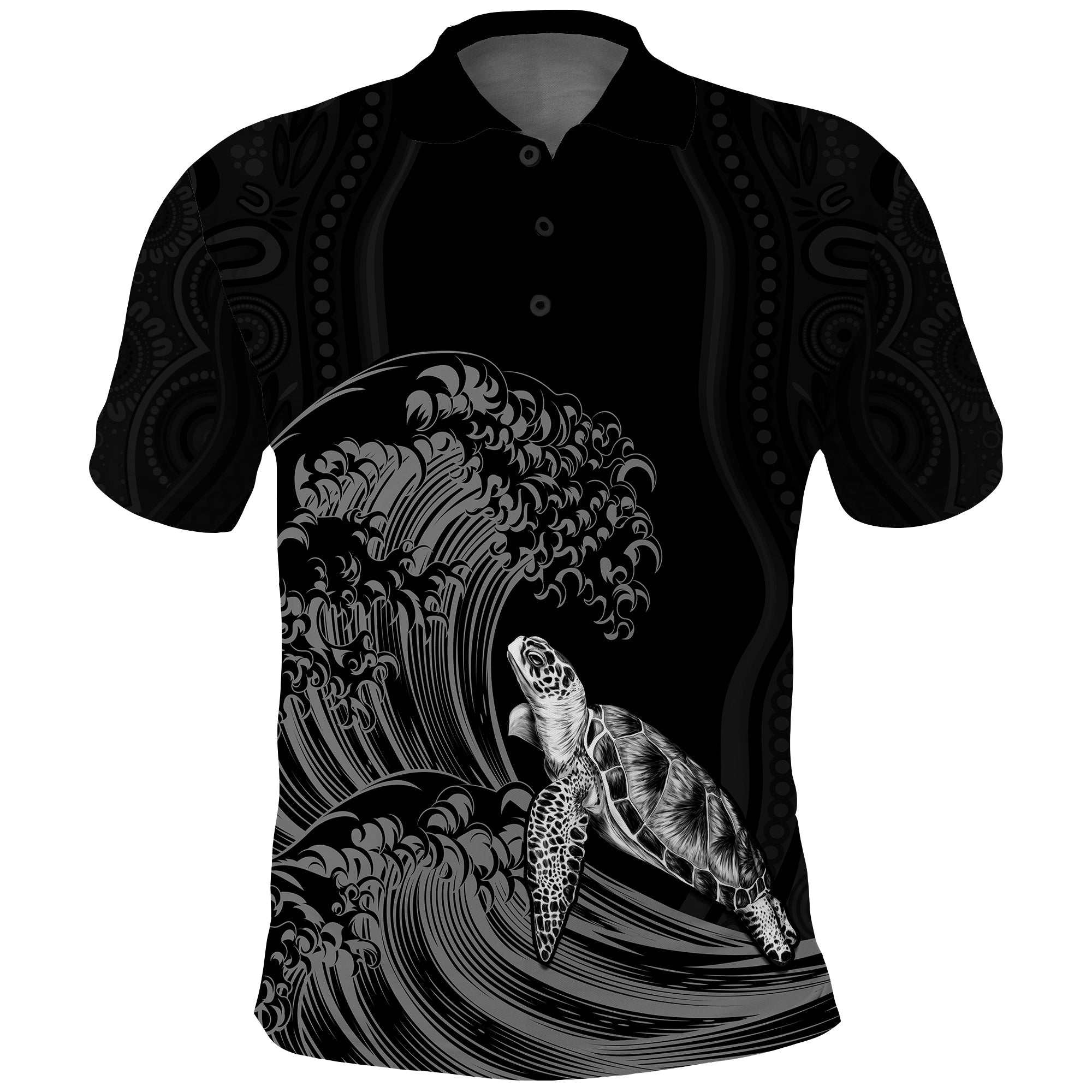 Torres Strait Islands Polo Shirt The Dhari Mix Aboriginal Turtle Version Black - Vibe Hoodie Shop