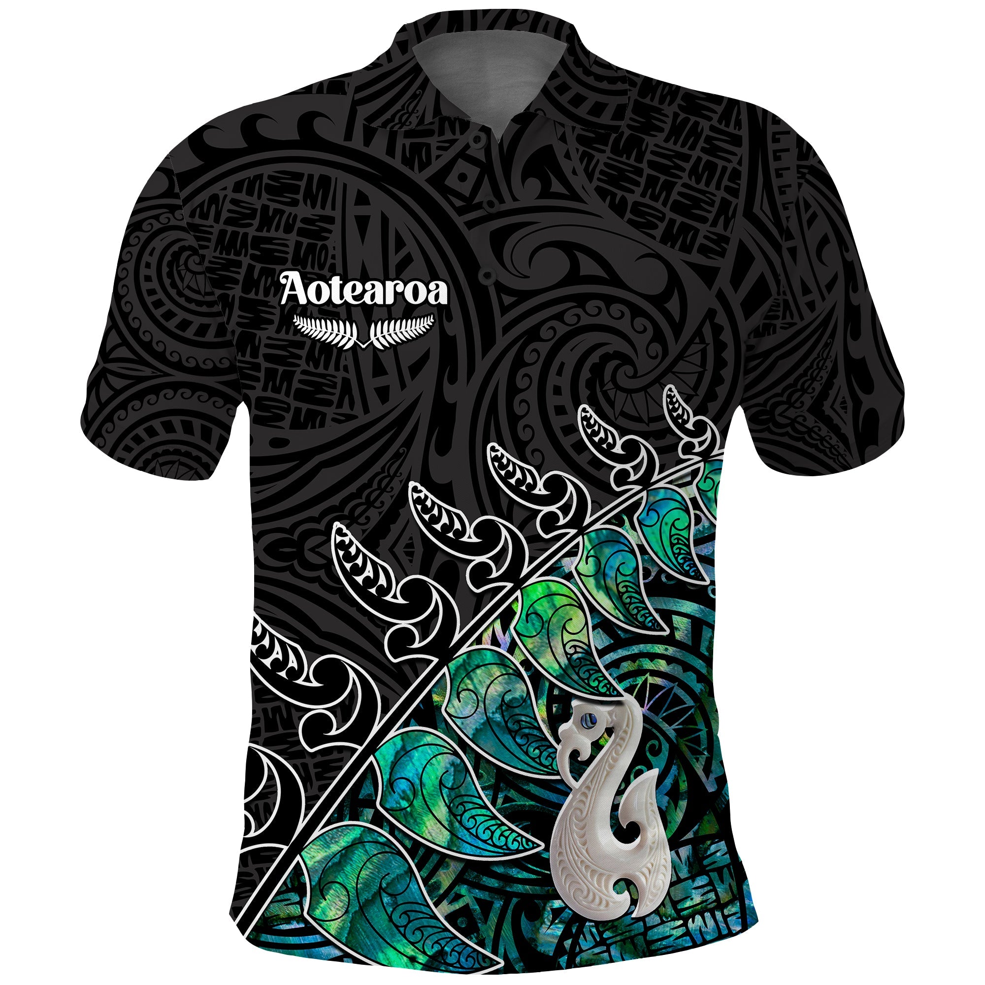 New Zealand Maori Polo Shirt Fern and Manaia Version Black - Vibe Hoodie Shop